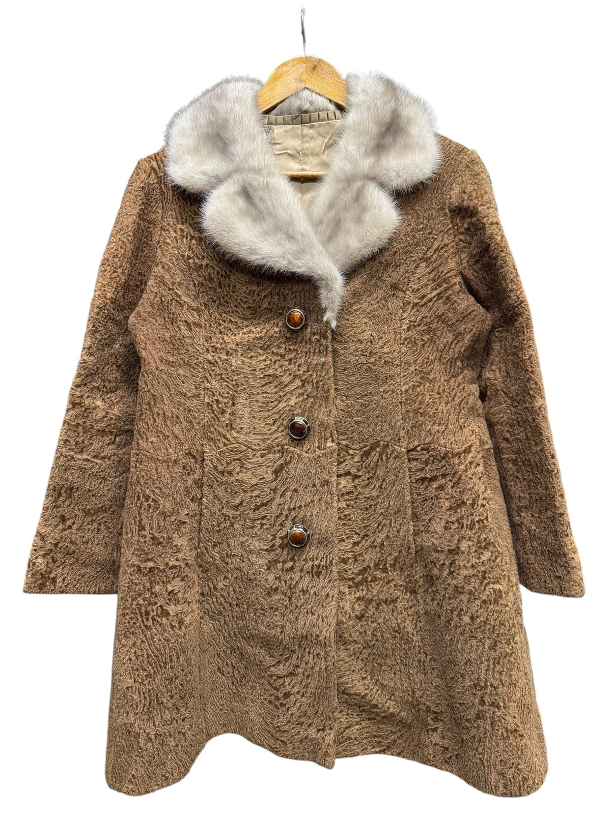 Vintage Glycine Brown Persian Lamb Mink Fur Trim Mid-Length Coat