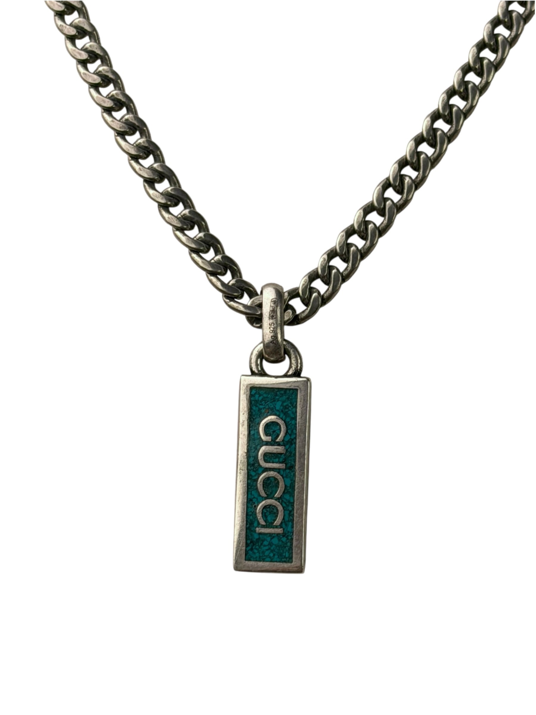 Gucci Sterling Silver Tag Turquoise Enamel Pendant Necklace