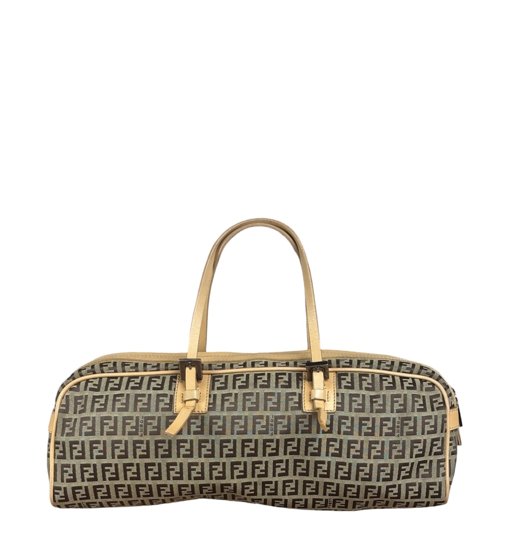 Fendi Beige Leather Trim Zucca Small Boston Bag
