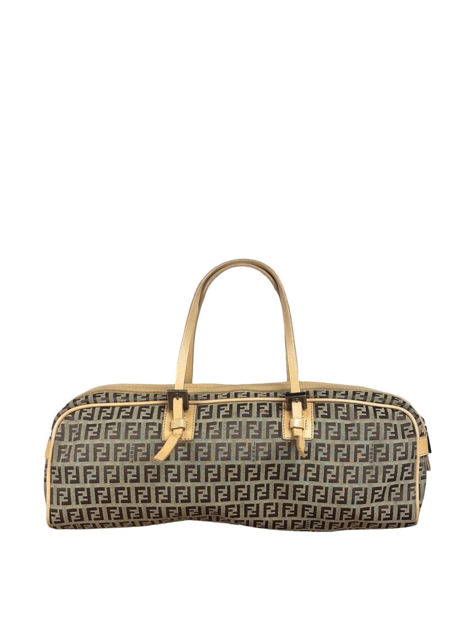 Fendi Beige Leather Trim Zucca Small Boston Bag
