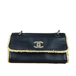 Chanel Black Leather Raffia Fringe CC Flap Shoulder Bag 2009