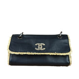 Chanel Black Leather Raffia Fringe CC Flap Shoulder Bag 2009