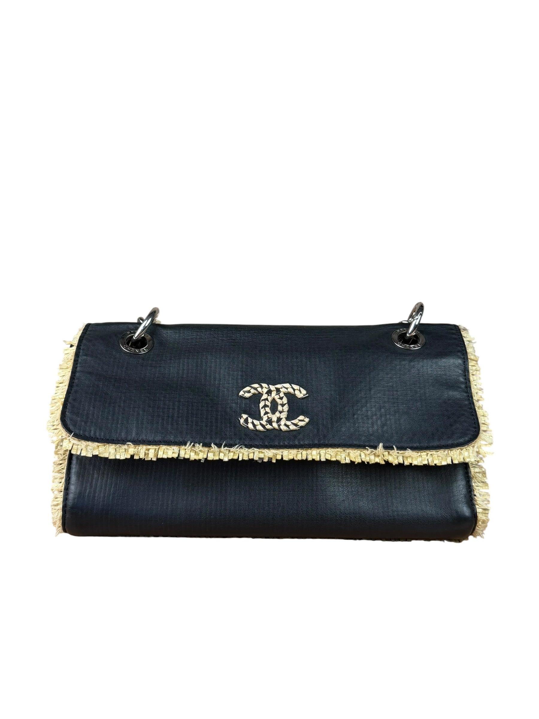Chanel Black Leather Raffia Fringe CC Flap Shoulder Bag 2009