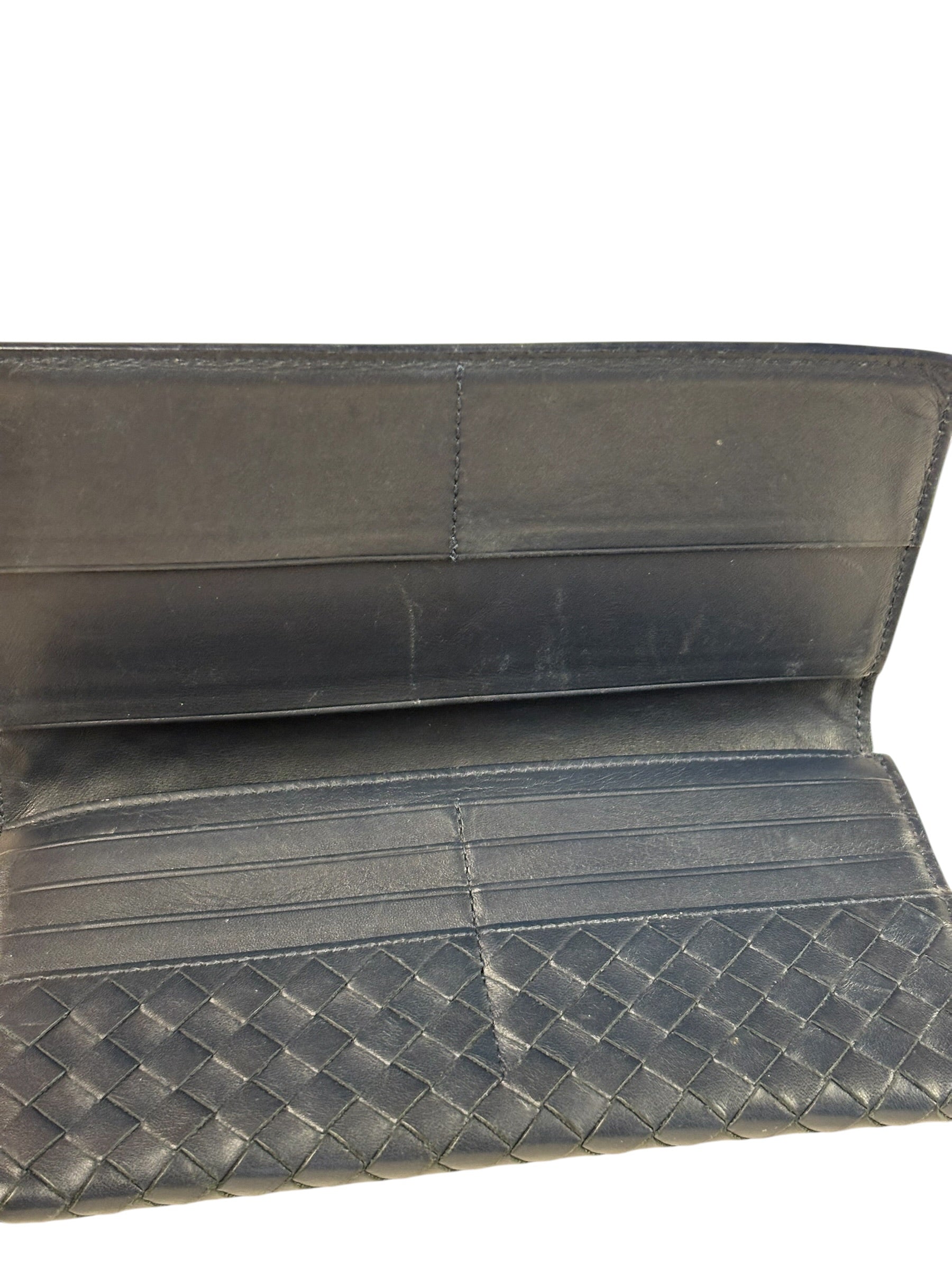 Bottega Veneta Navy Intrecciato Bi-Fold Flap Long Wallet