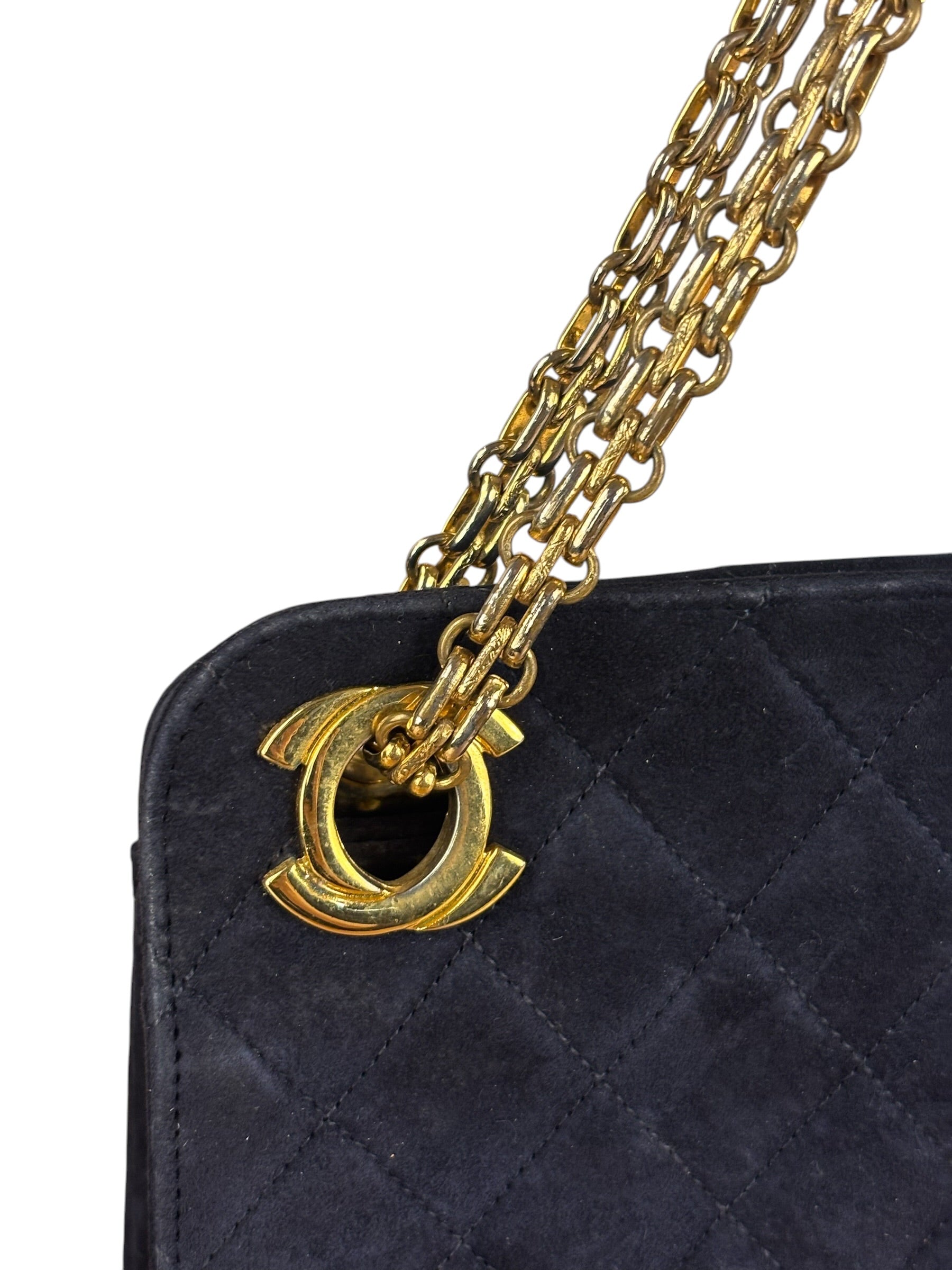 Chanel Vintage Navy Blue Matelasse Quilted Suede Chain Shoulder Bag