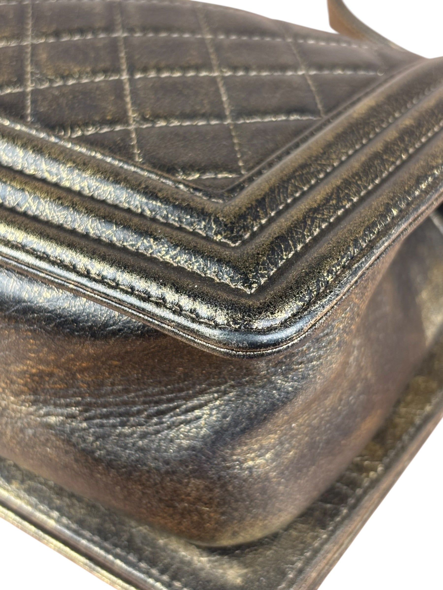 Chanel Metallic Dark Bronze Leather Old Medium Boy Flap Shoulder Bag