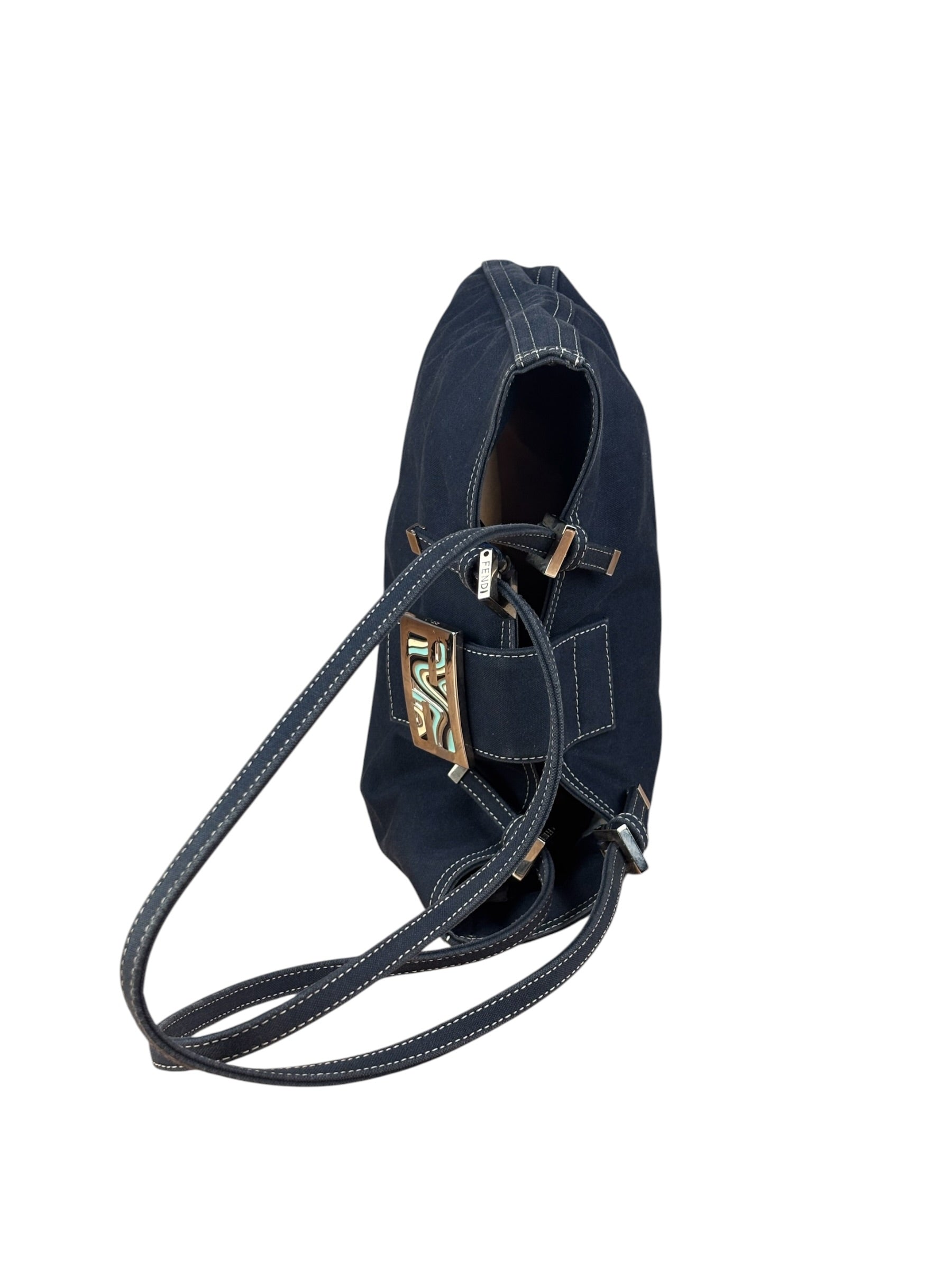 Fendi Vintage Navy Blue Leather Trim Mamma Baguette