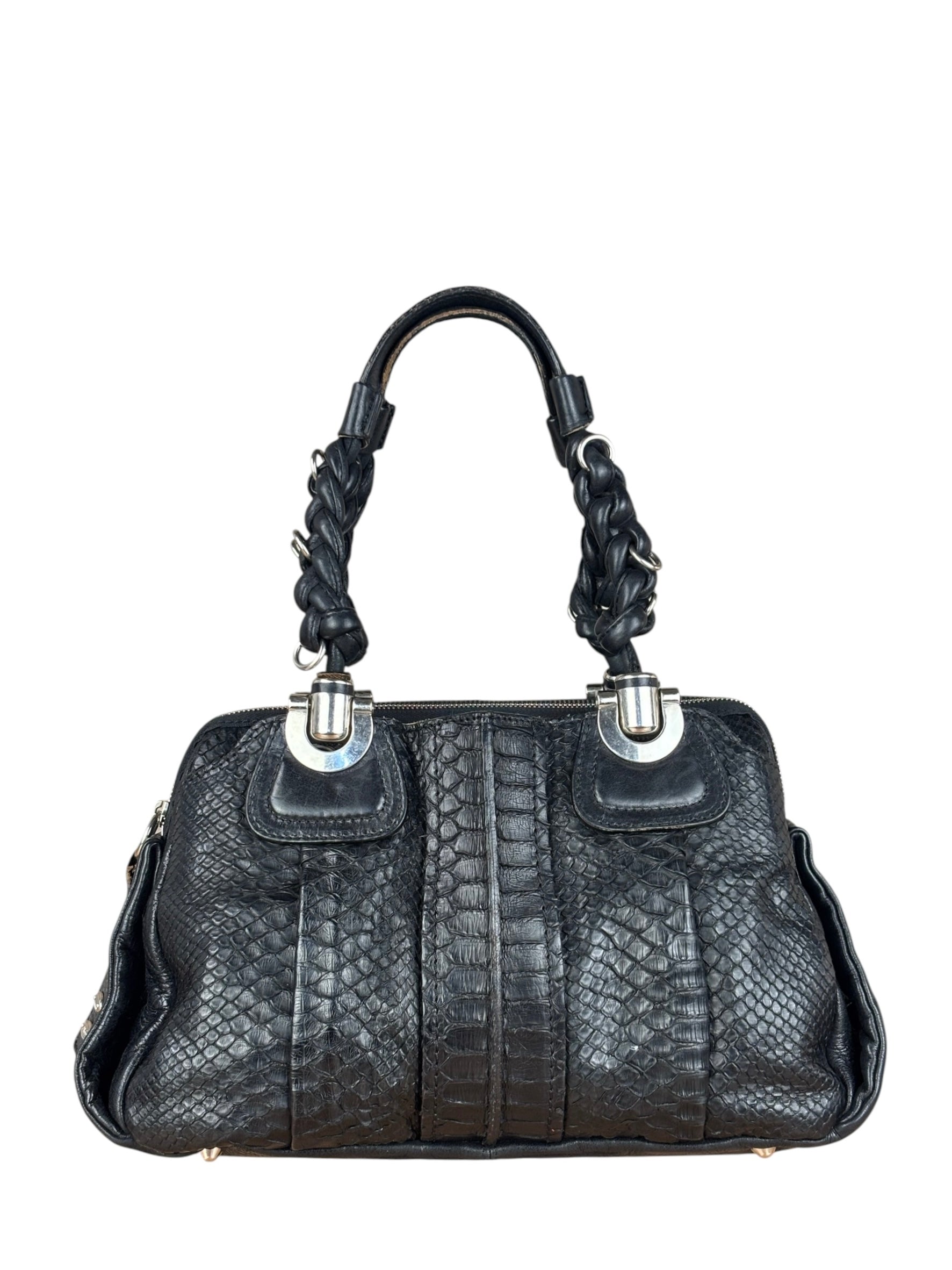 Chloé Vintage Black Leather Python Silverado Shoulder Bag