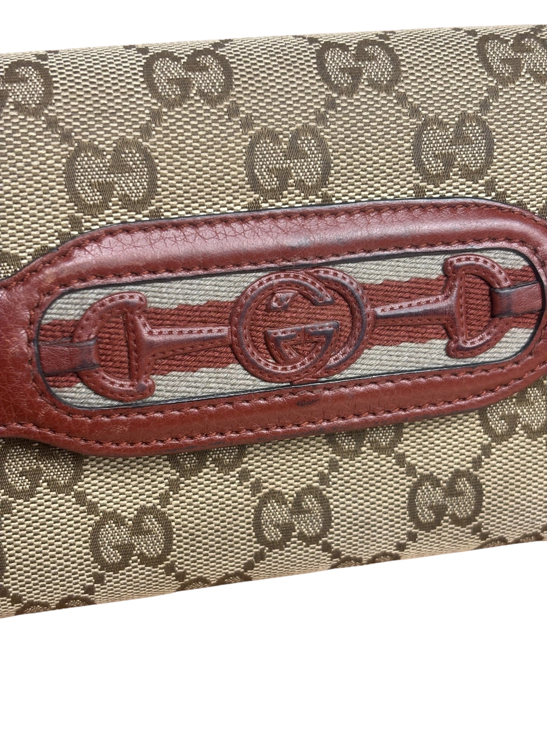 Gucci Vintage Burgundy Leather Trim GG Canvas Continental Wallet