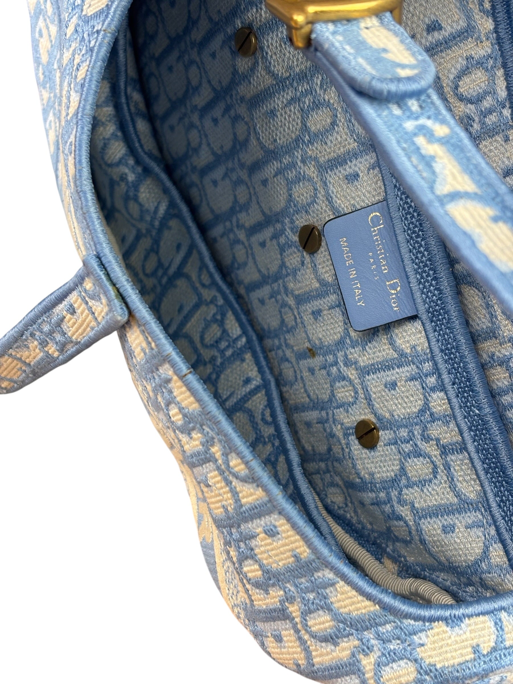 Christian Dior Blue/White Oblique Embroidered Saddle Bag