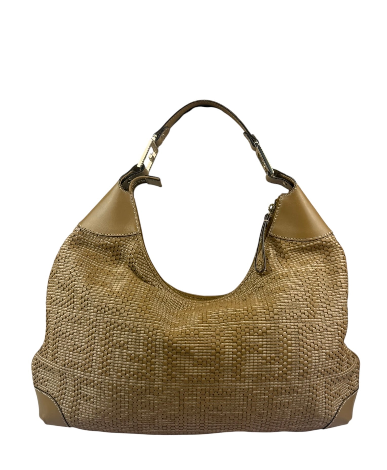 Fendi Beige Leather Trim Woven Hobo Bag