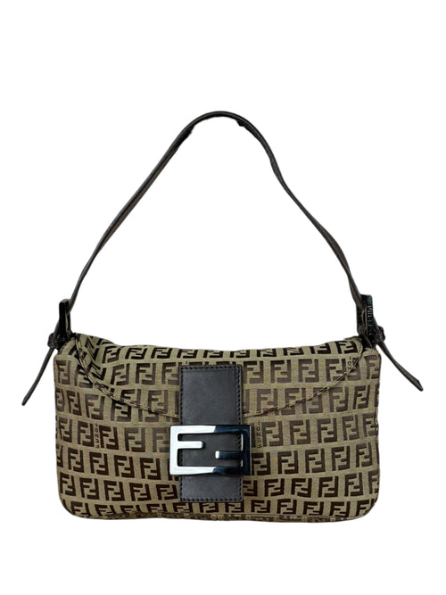 Fendi Beige/Brown Leather Trim Zucca Baguette