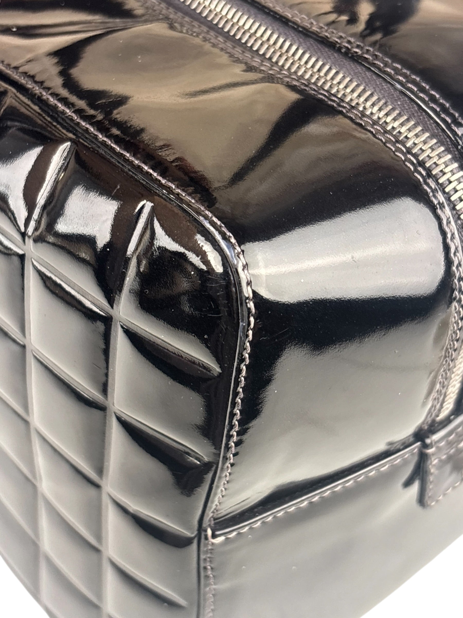 Chanel Black Leather Patent Chocolate Bar Bowler Hand Bag