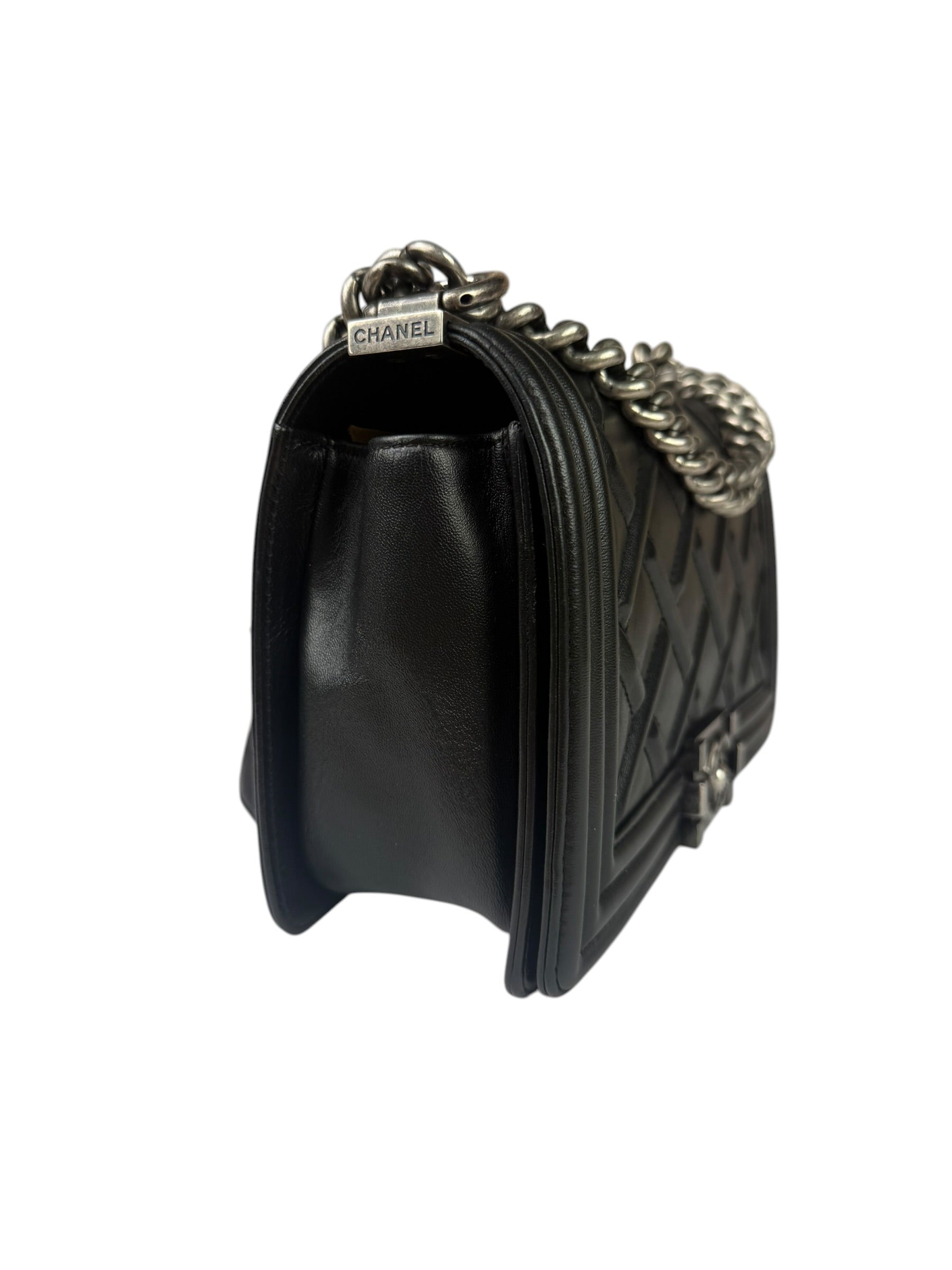 Chanel Black Leather Diamond Quilted Medium Boy Bag 2012