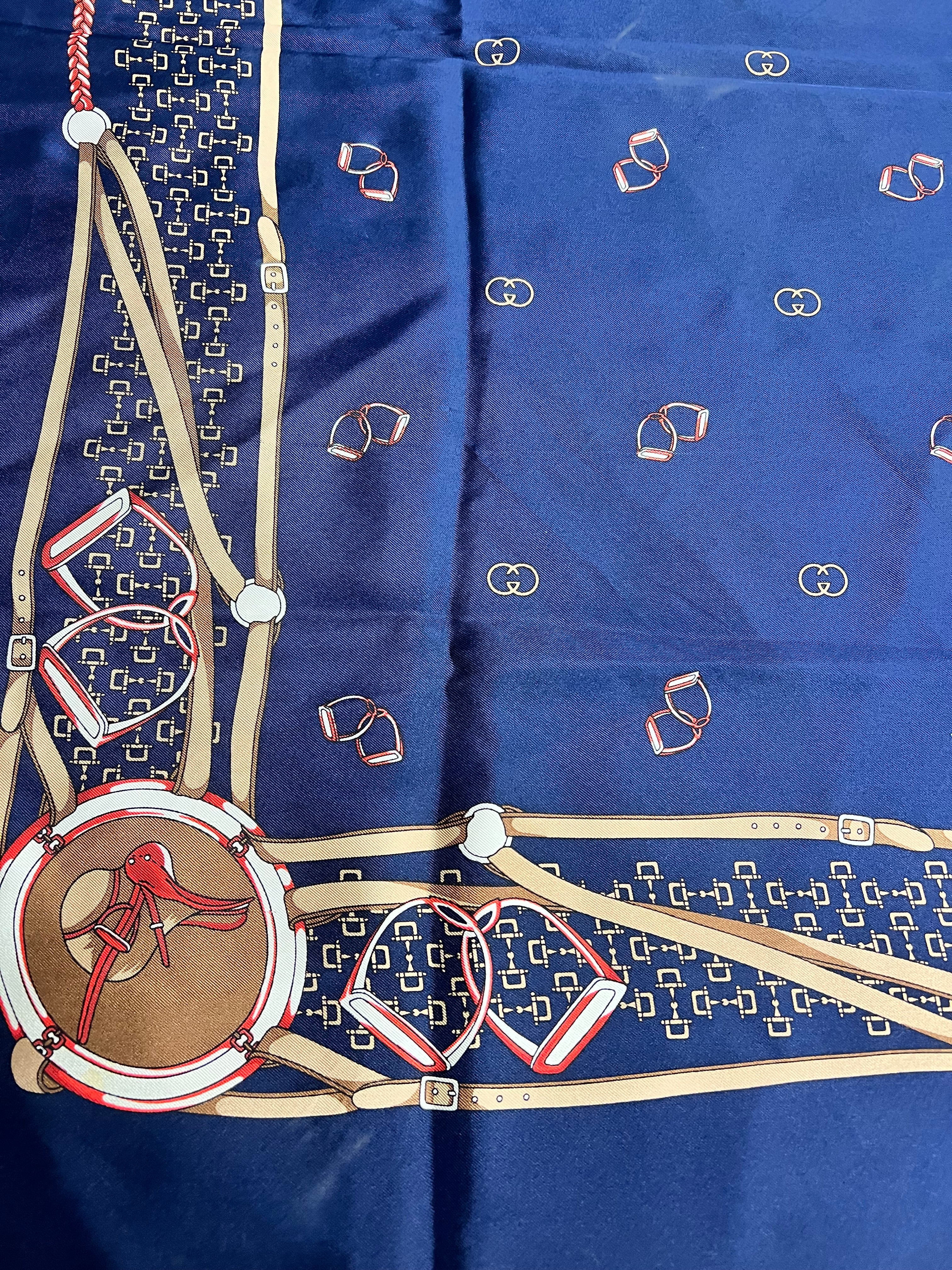 Gucci Navy Horseshoe Silk Scarf