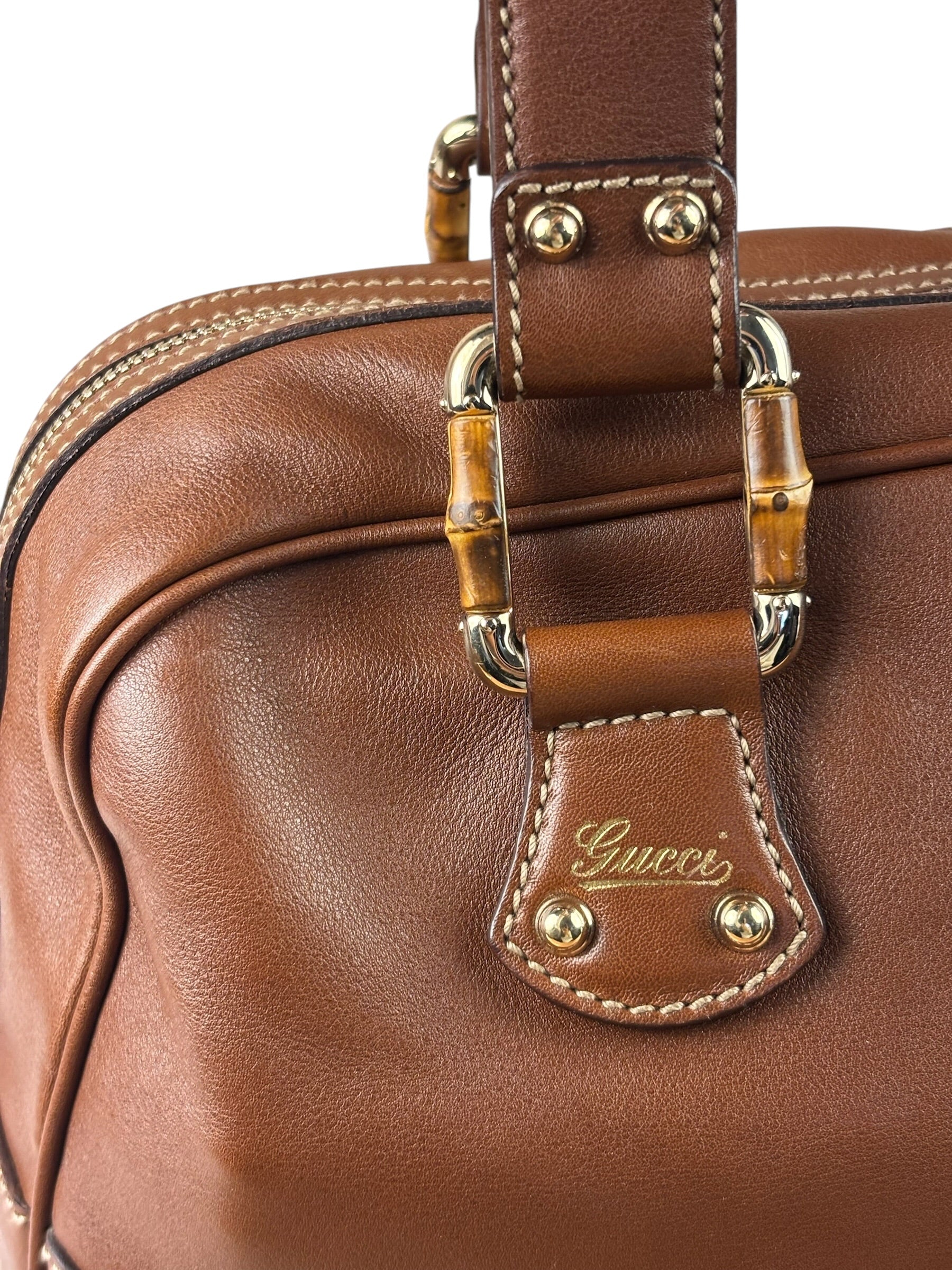 Gucci Tan Brown Leather Bamboo Handle Boston Bag