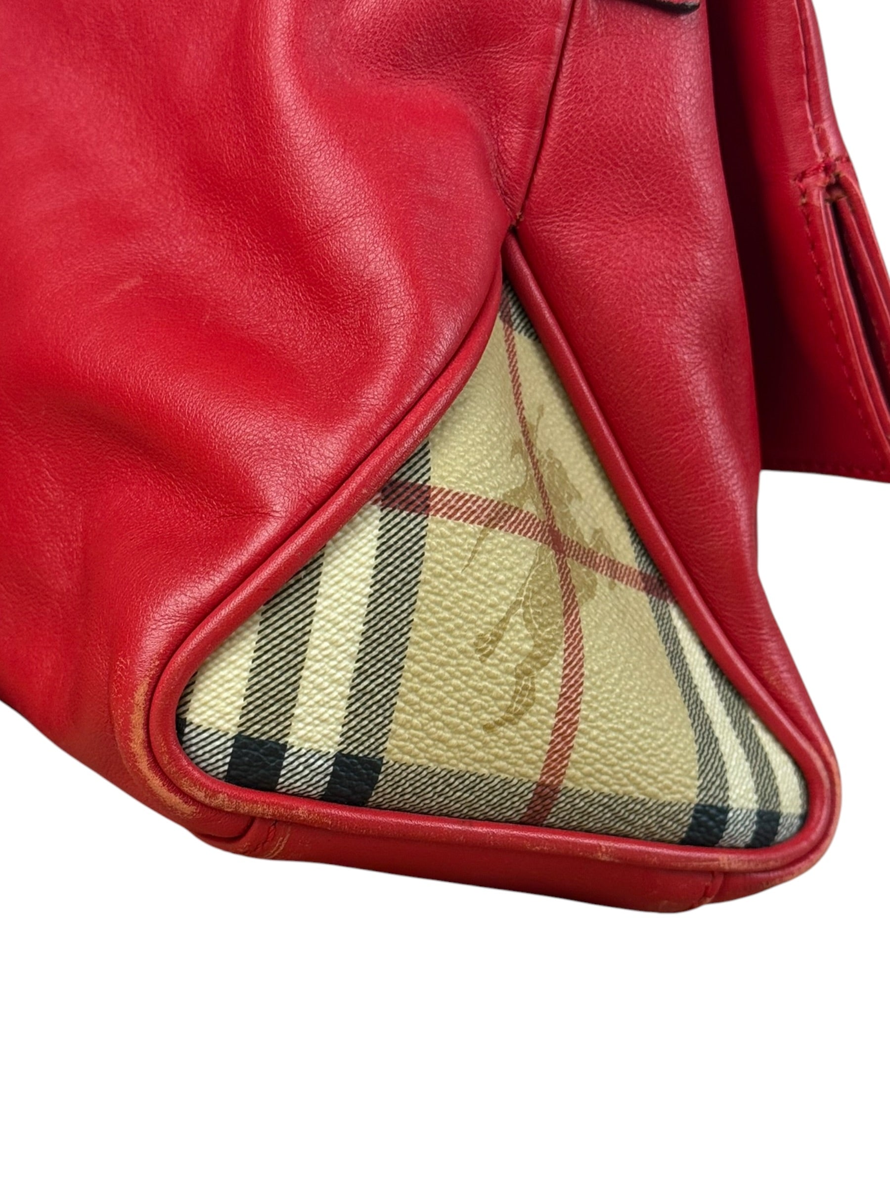 Burberry Red Leather Haymarket Check Shoulder Bag