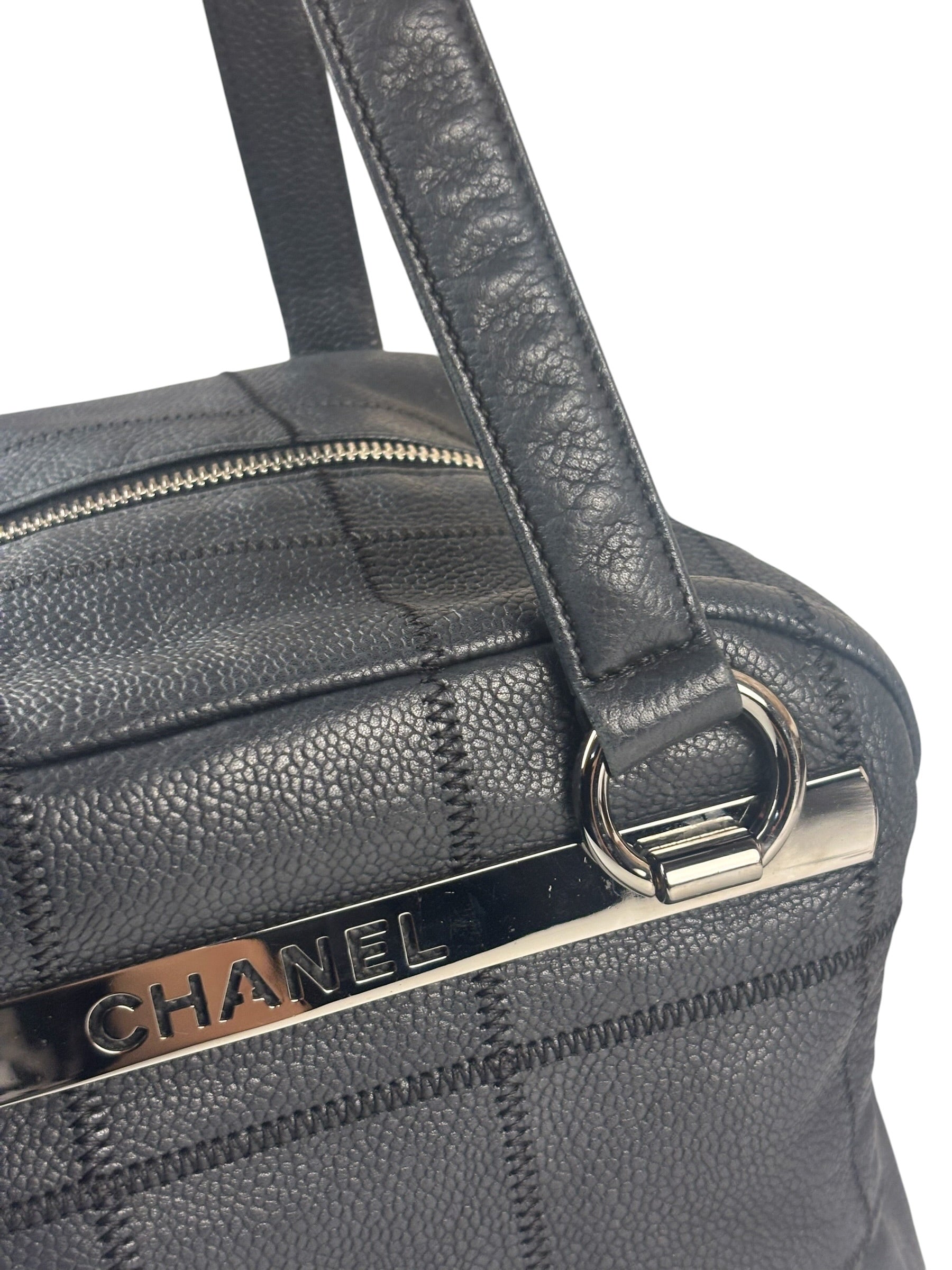 Chanel Navy Chocolate Bar Square Quilt LAX Bowler Bag 2004