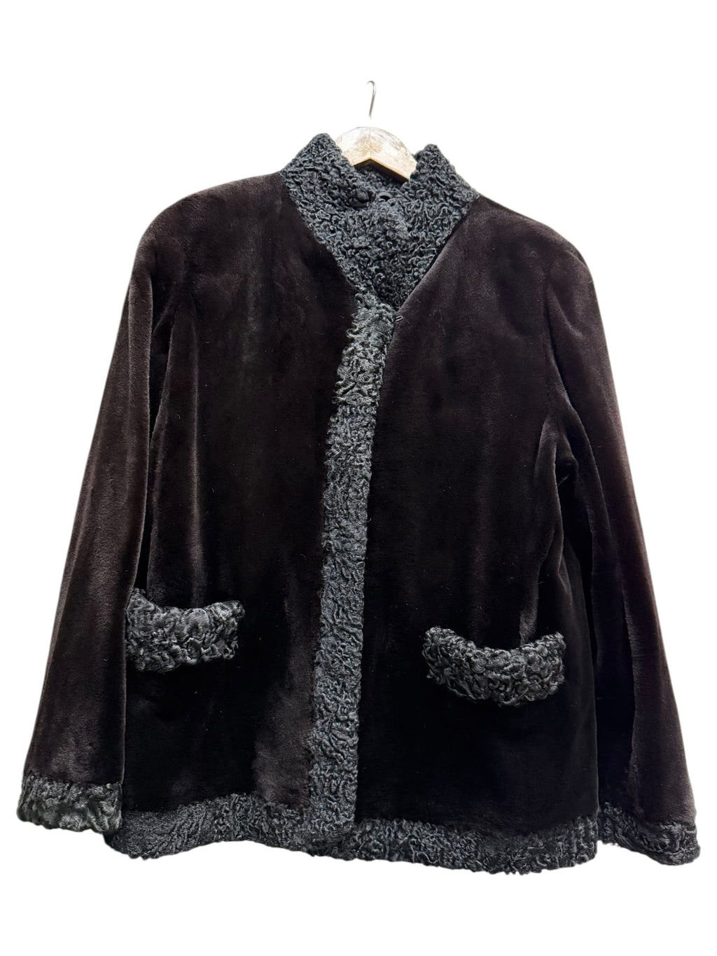 Vintage Black Persian Lamb Lapel Dark Brown Sheared Mink Coat