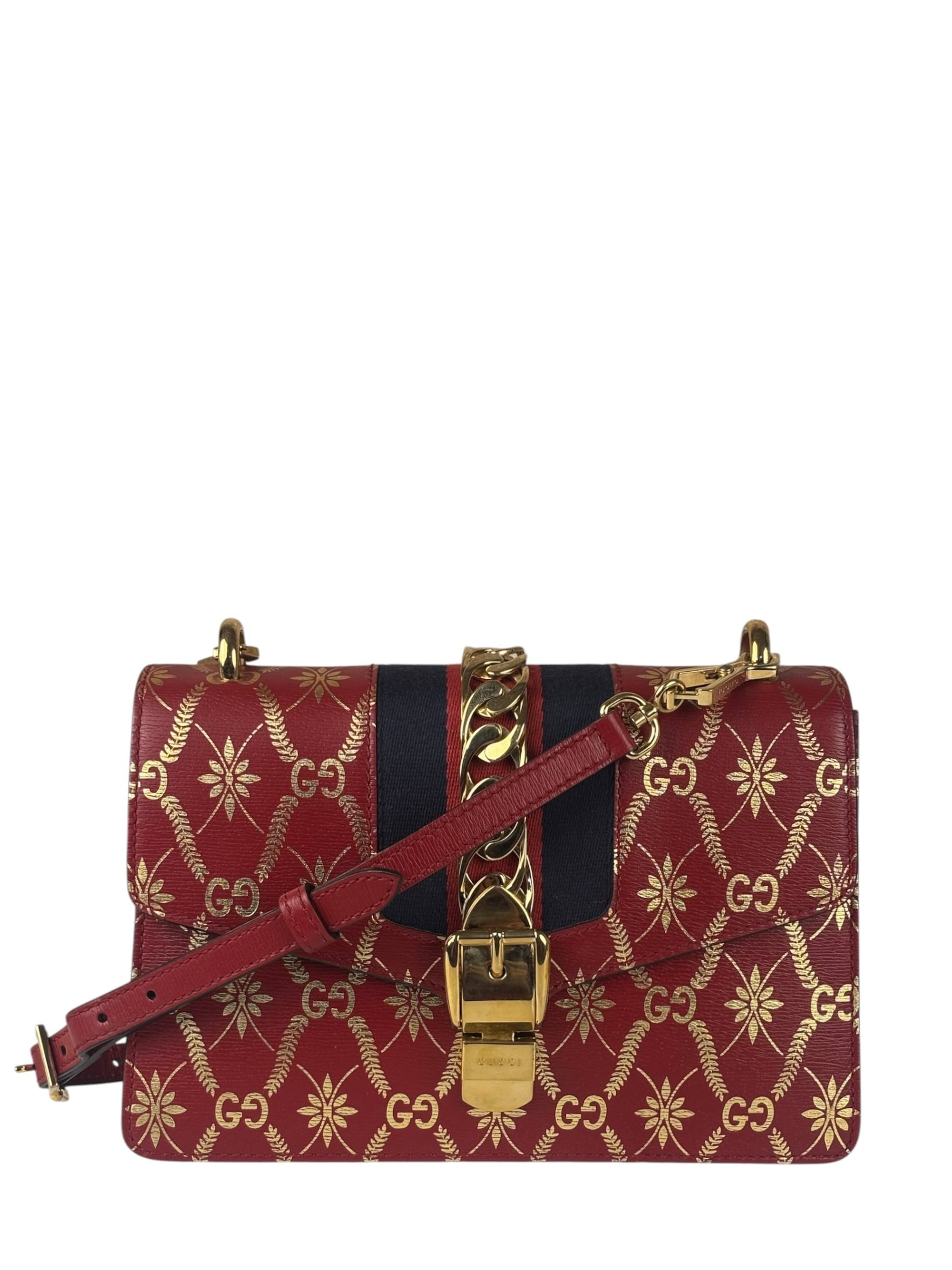 Gucci Red Leather Sylvie Chain Shoulder Bag