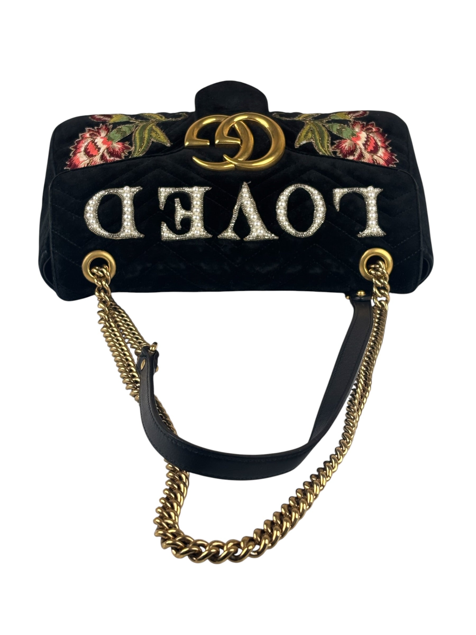 Gucci Black Velvet Marmont Floral Embroidered Shoulder Bag