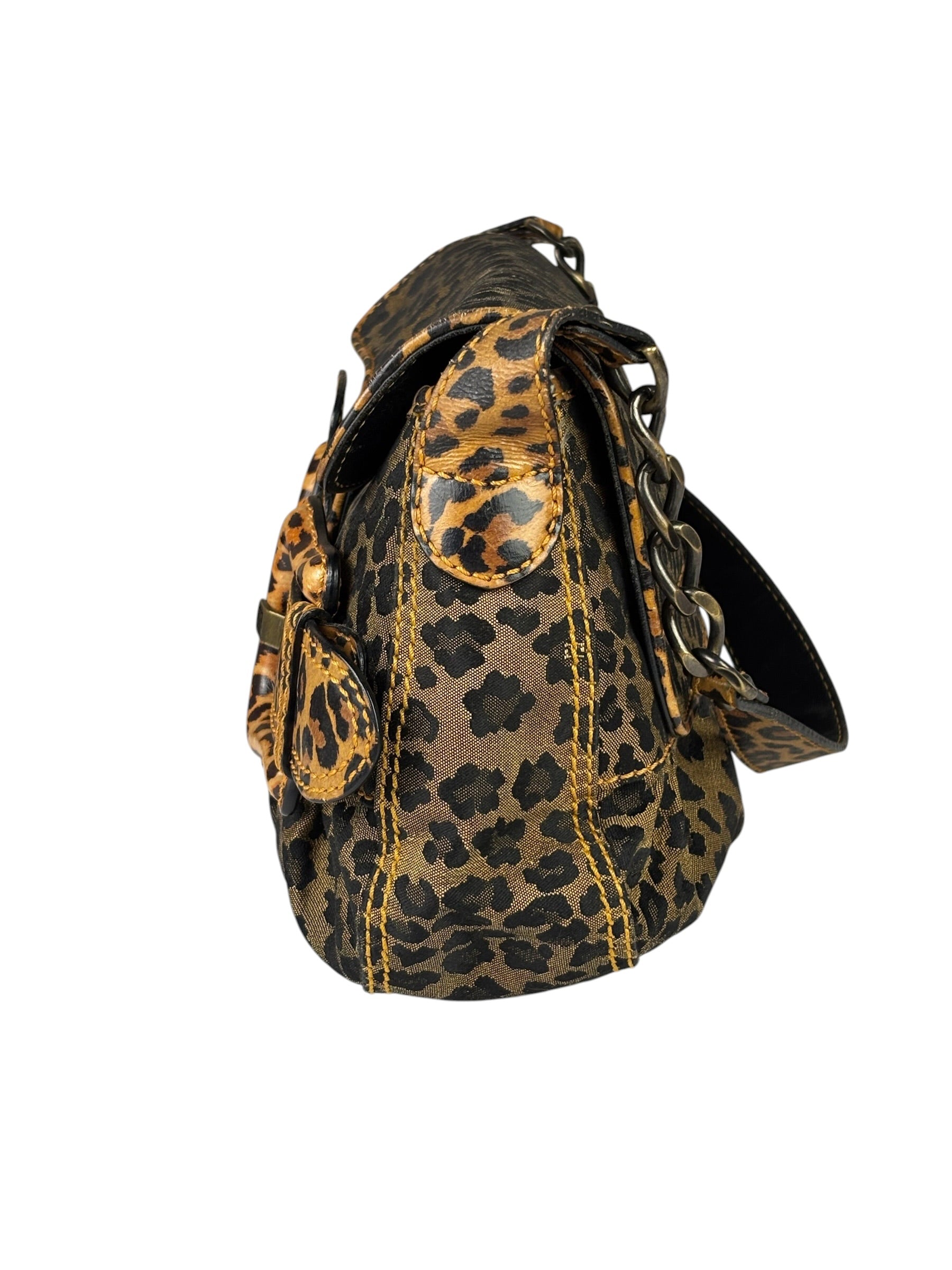 Fendi Brown Leather Trim Leopard Print Buckle Bag