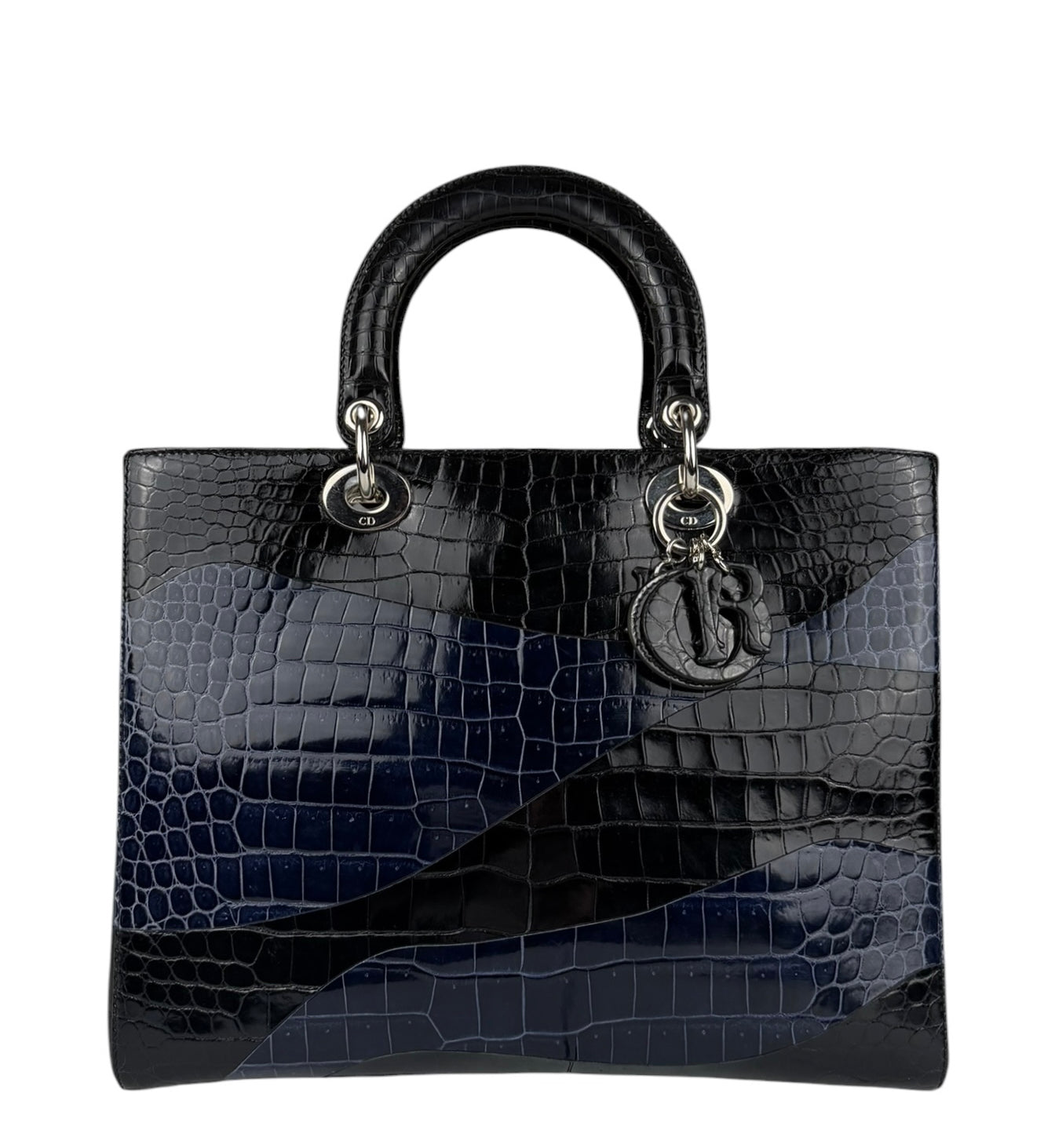 Christian Dior Rare Black/Navy Croc Embossed Lady Dior Handbag