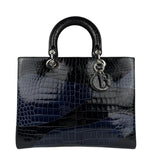 Christian Dior Rare Black/Navy Croc Embossed Lady Dior Handbag