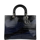 Christian Dior Rare Black/Navy Croc Embossed Lady Dior Handbag