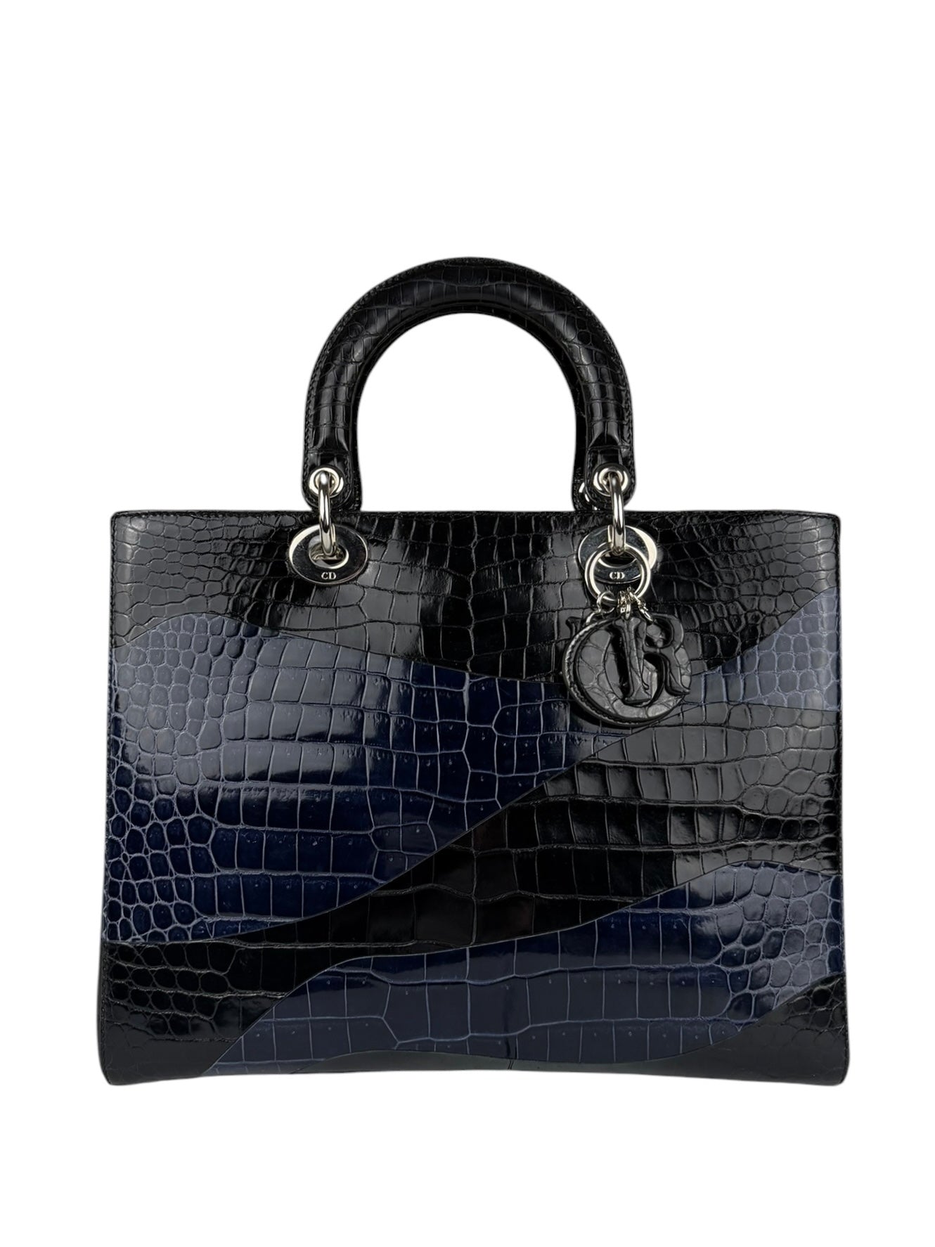 Christian Dior Rare Black/Navy Croc Embossed Lady Dior Handbag