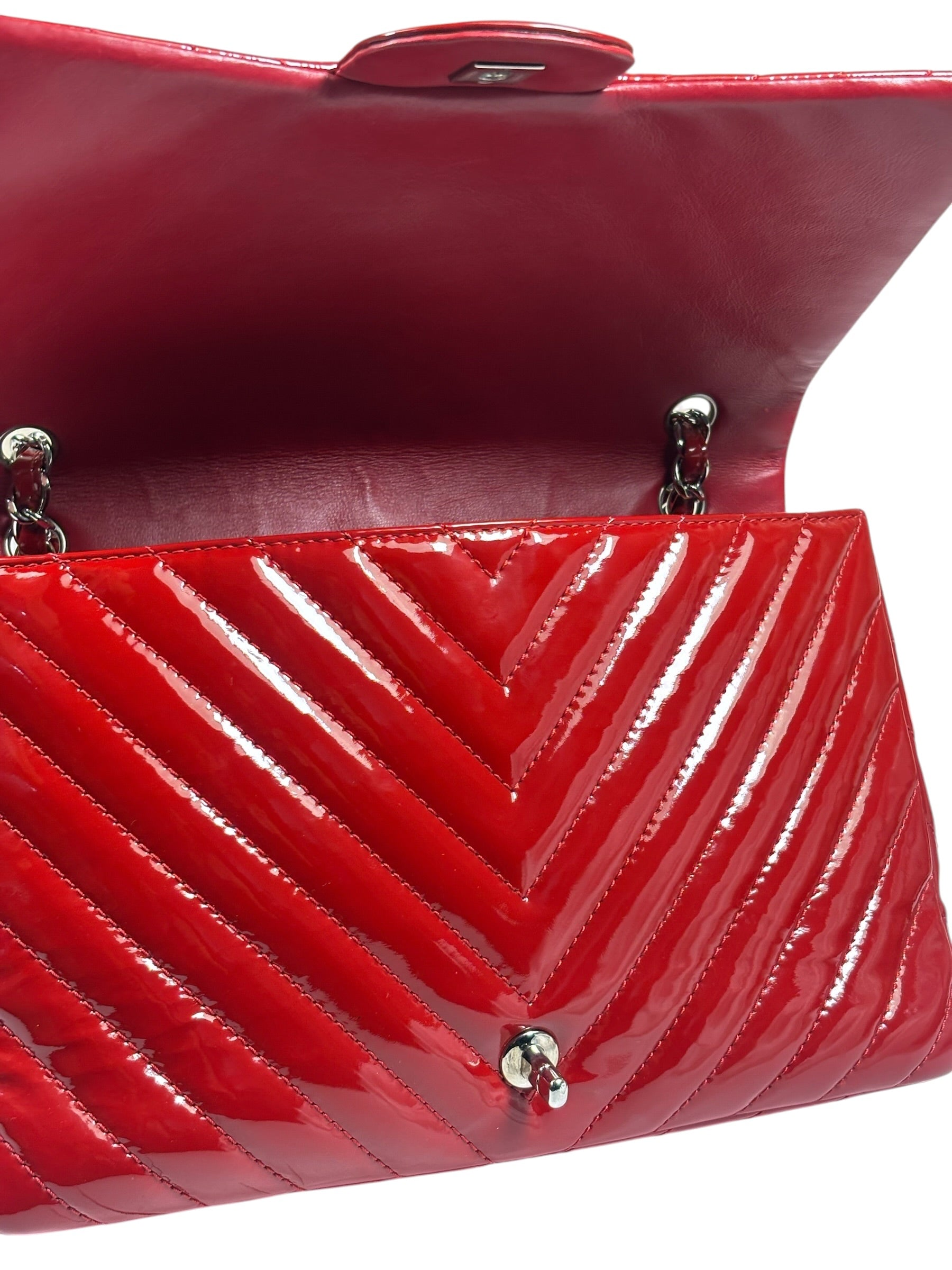 Chanel Red Patent Leather Chevron Jumbo Flap Bag 2009