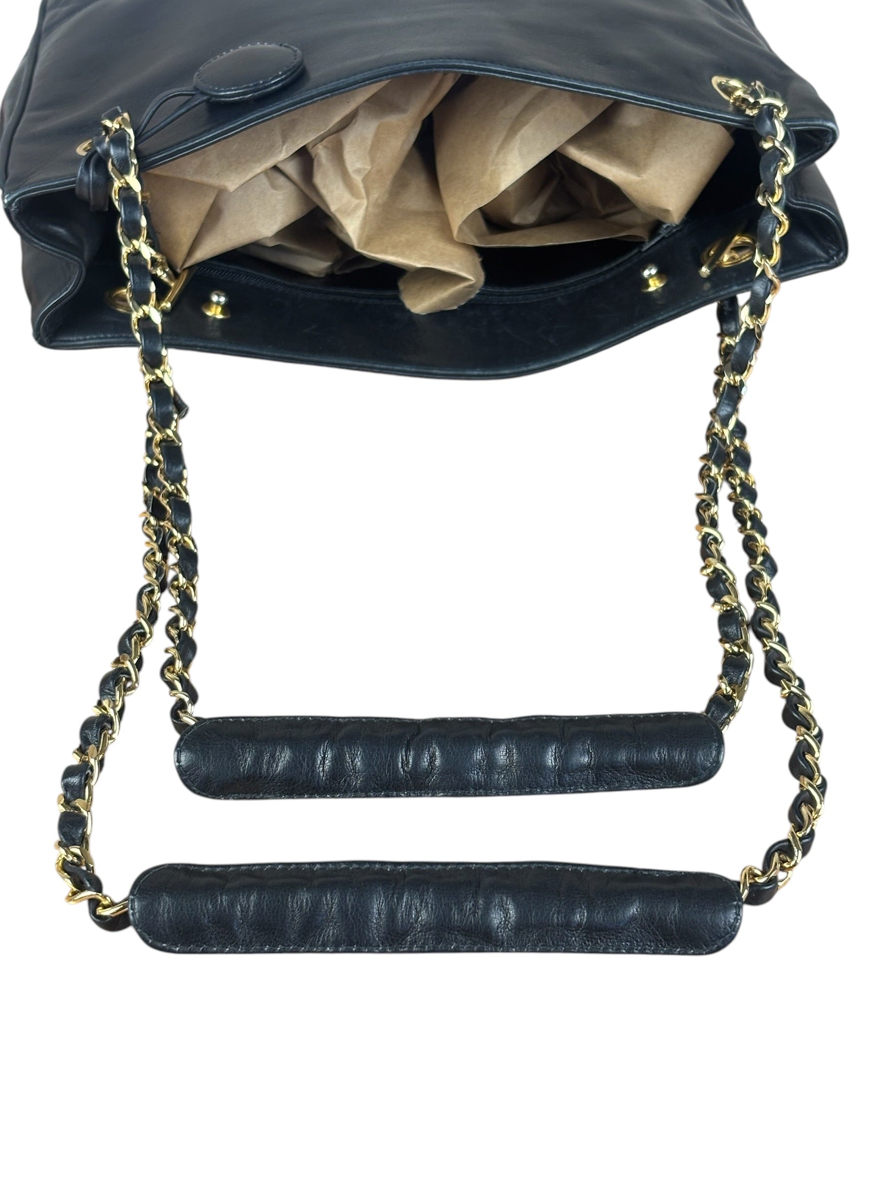 Chanel Vintage Black Leather Quilted Bottom Chain Tote Bag 1987