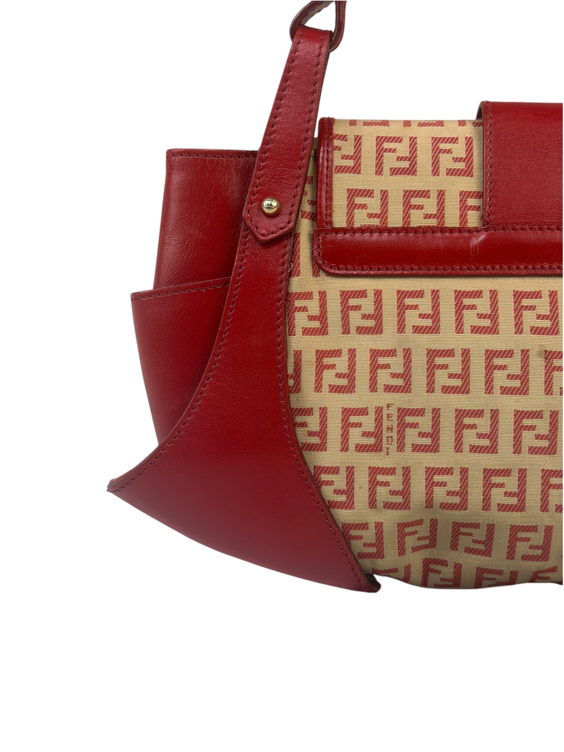 Fendi Red Leather Trim Zucca Compliation Shoulder Bag
