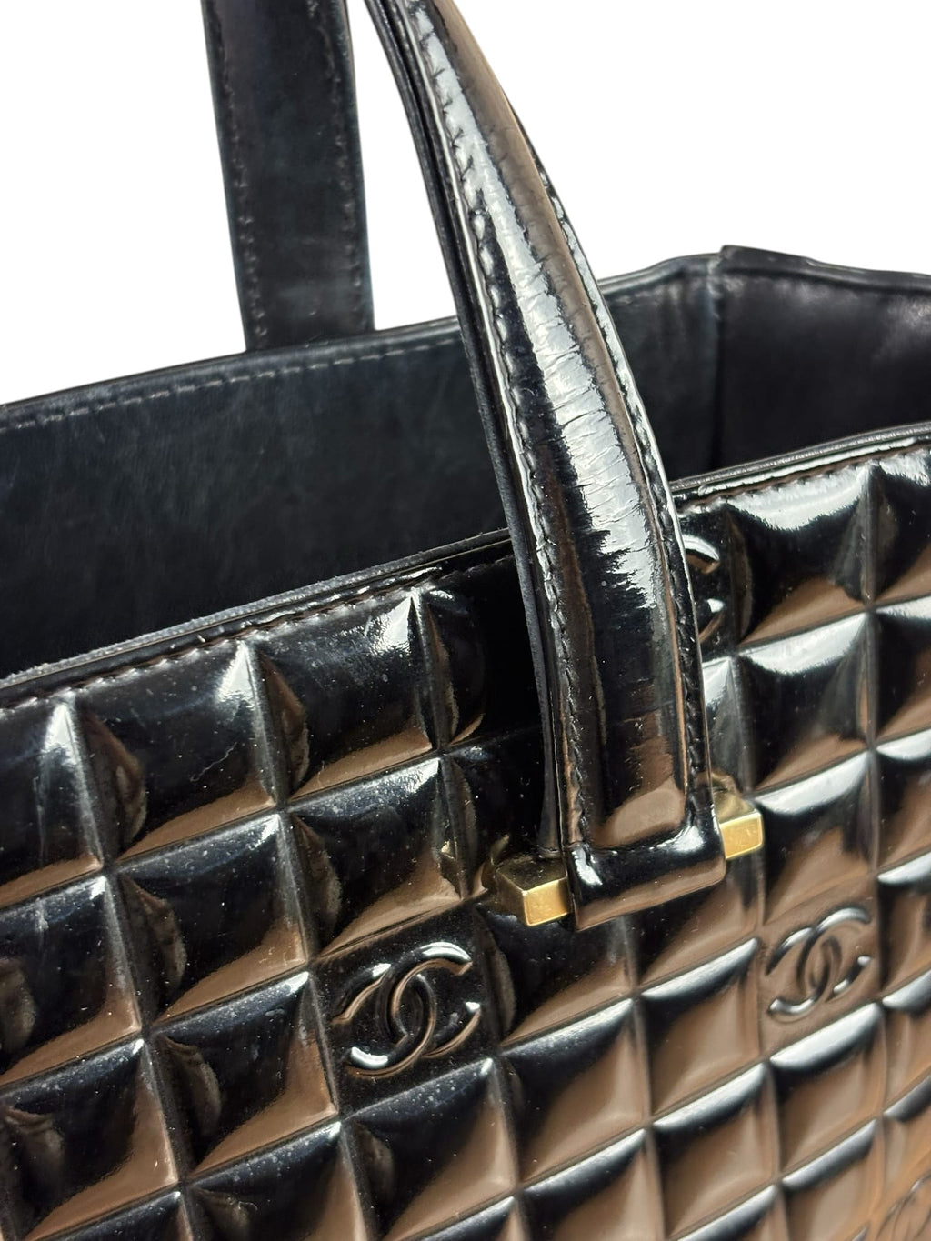 Chanel Black Patent Leather Chocolate Bar Tote Early 2000's