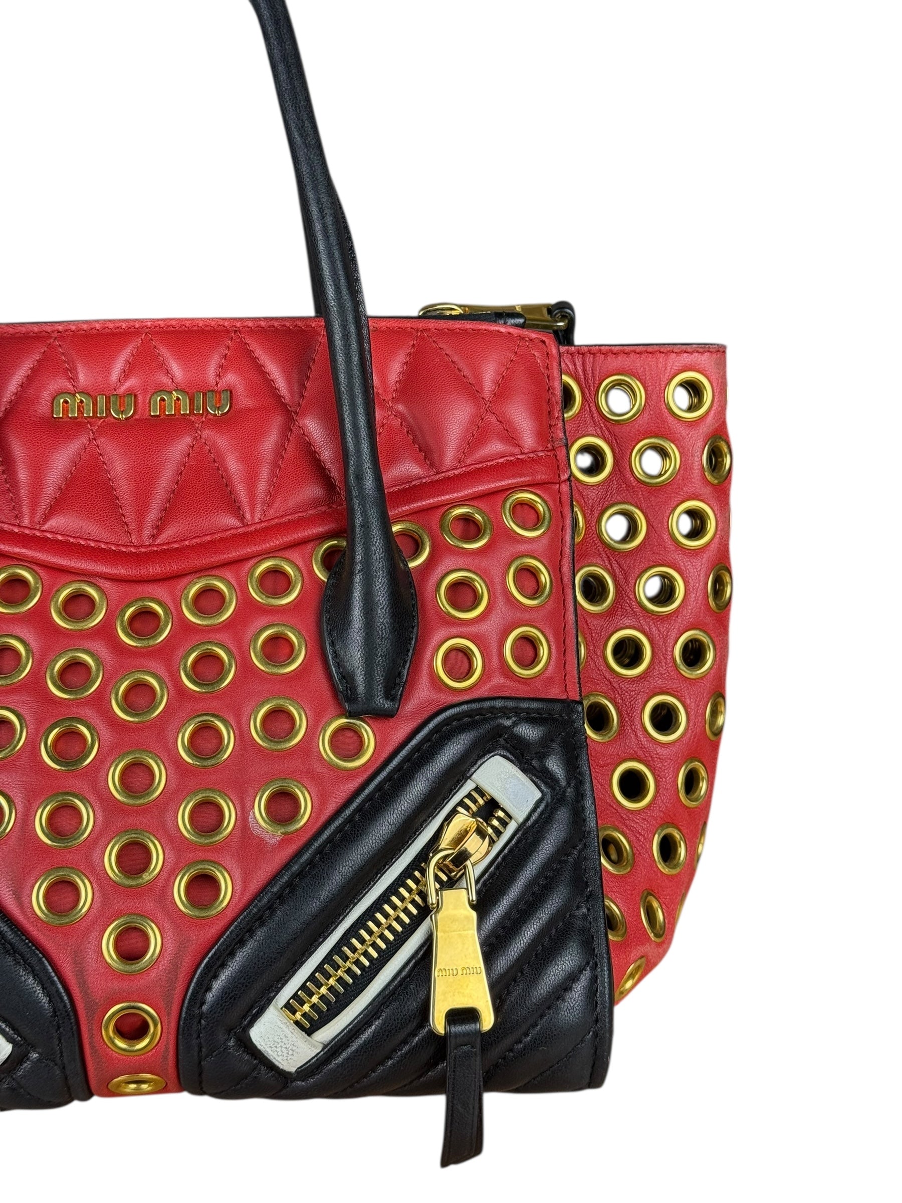 Miu Miu Leather Rings Red Biker Tote