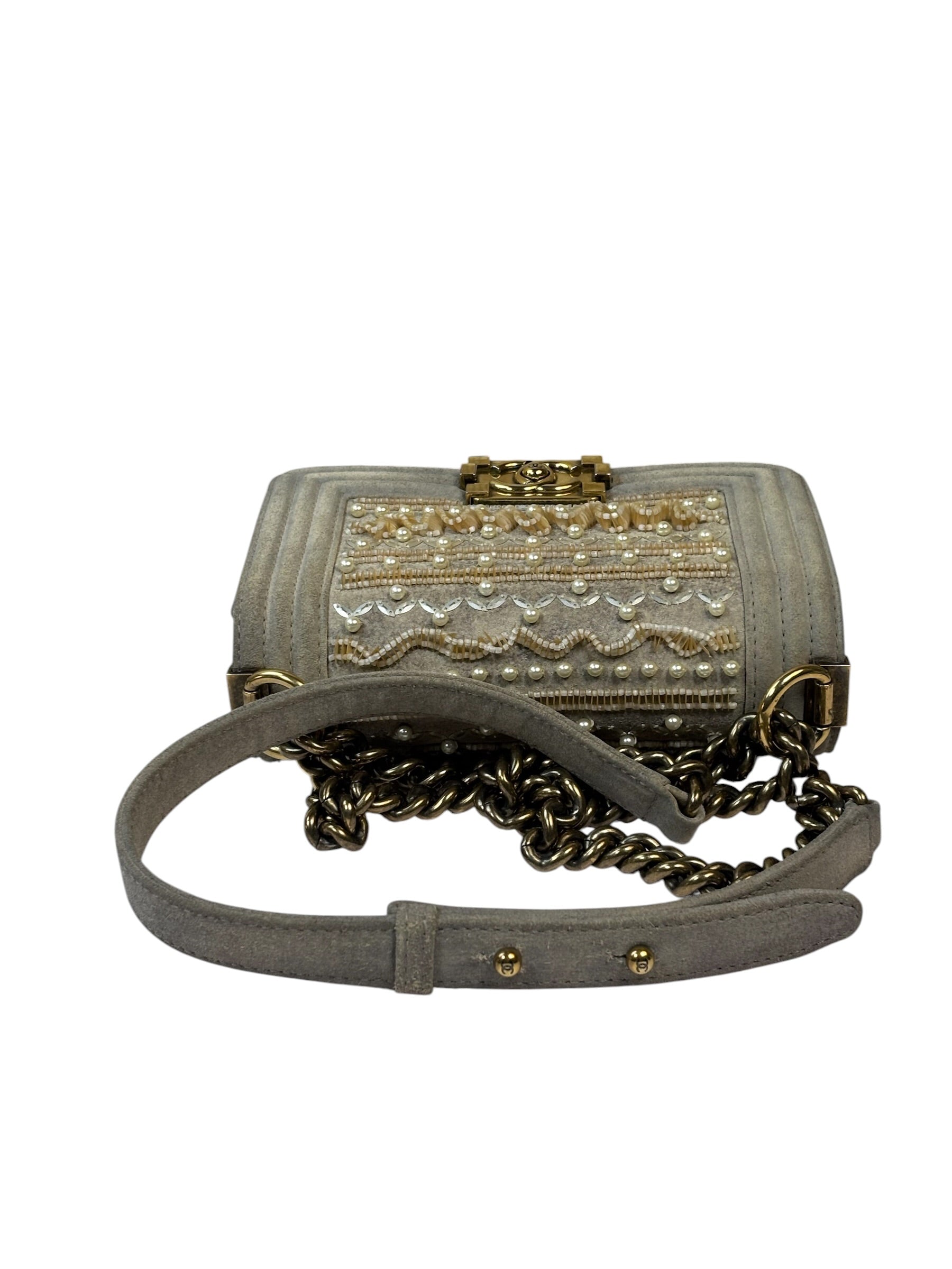 Chanel Grey Suede Beaded Pearl/Bead Boy Flap 2014
