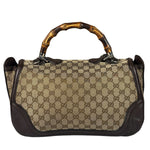 Gucci Brown Leather Trim GG Bamboo Handle Two-Way Bag