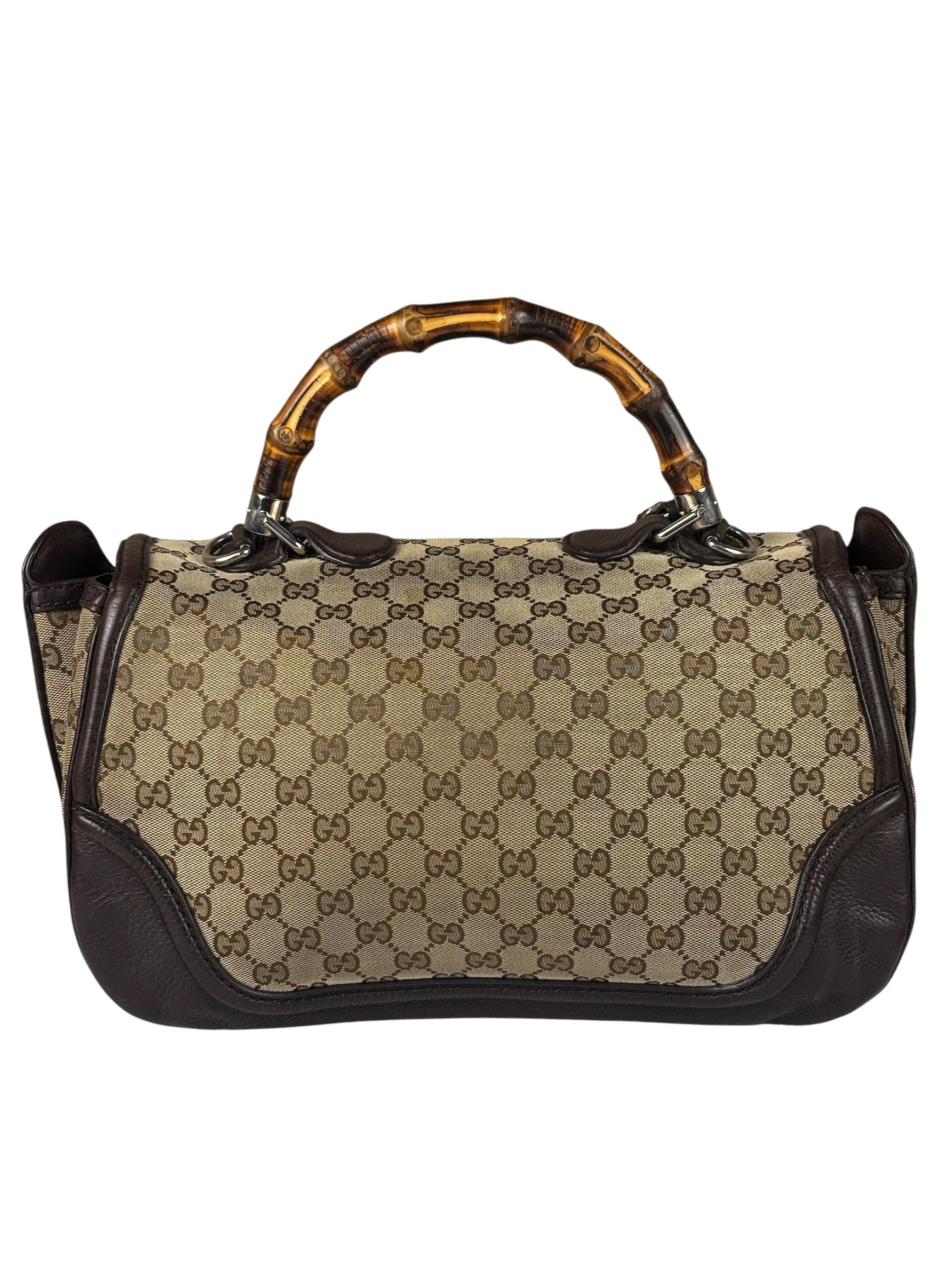 Gucci Brown Leather Trim GG Bamboo Handle Two-Way Bag