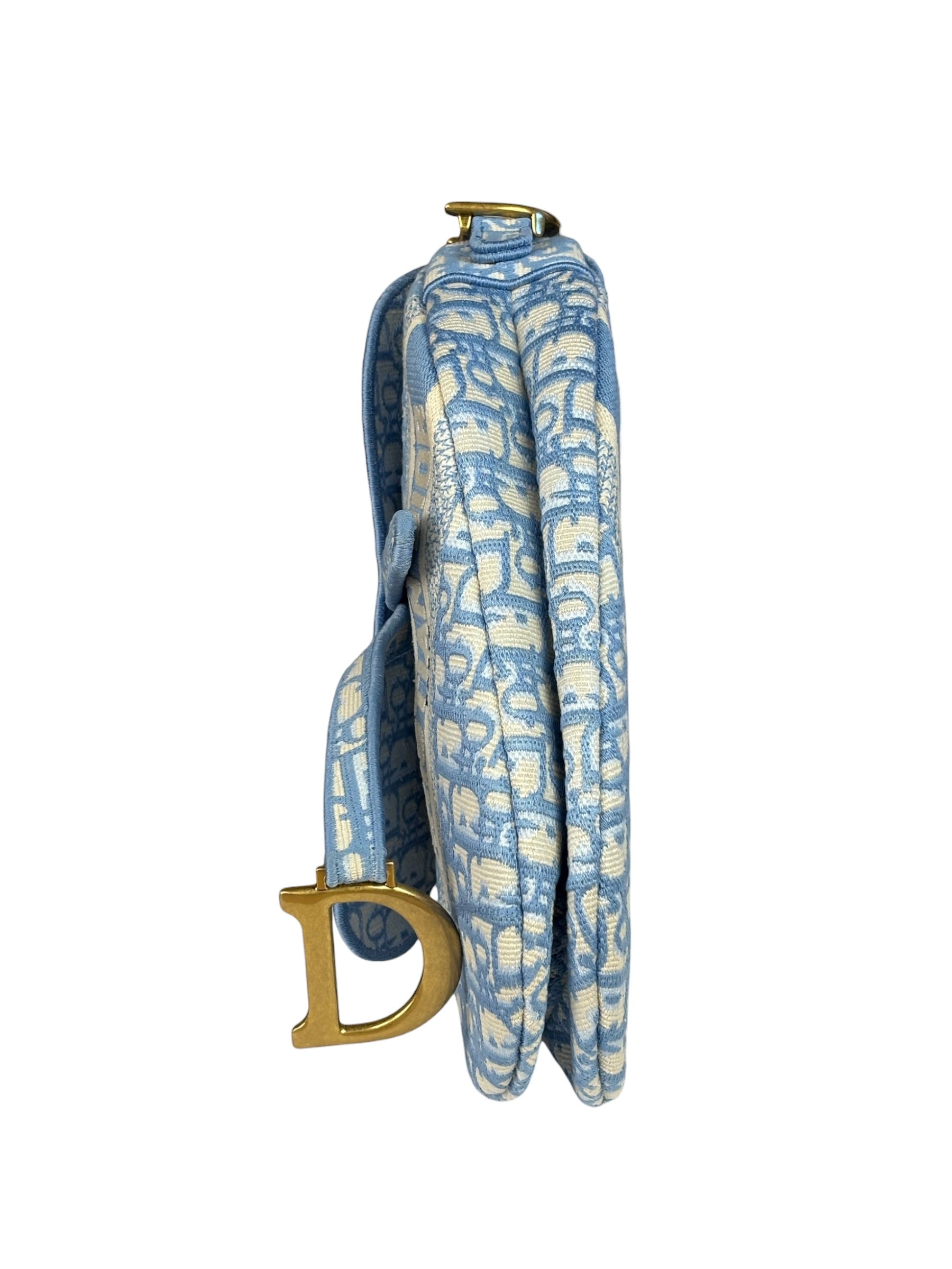 Christian Dior Blue/White Oblique Embroidered Saddle Bag