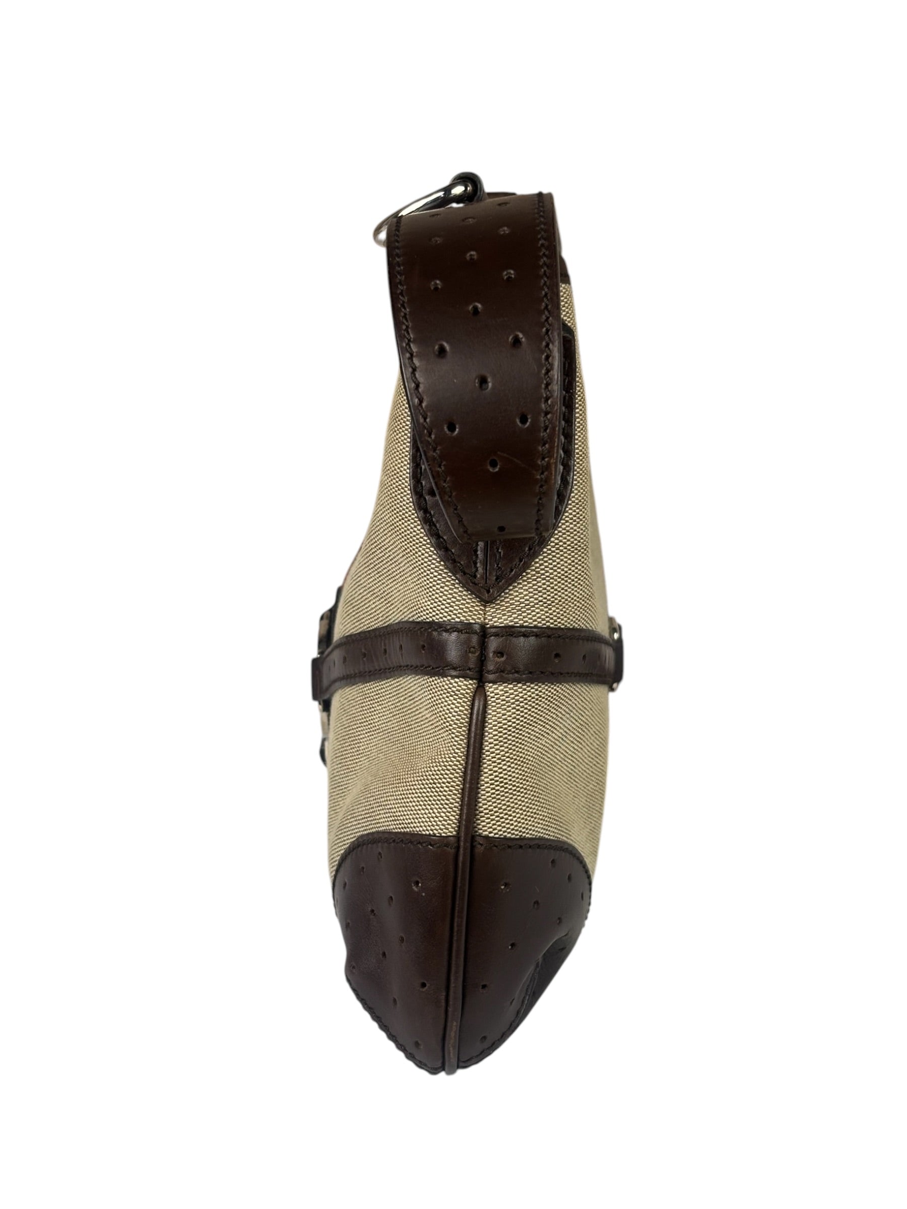 Gucci Brown/Beige Leather Trim Reins Canvas Web Hobo Bag