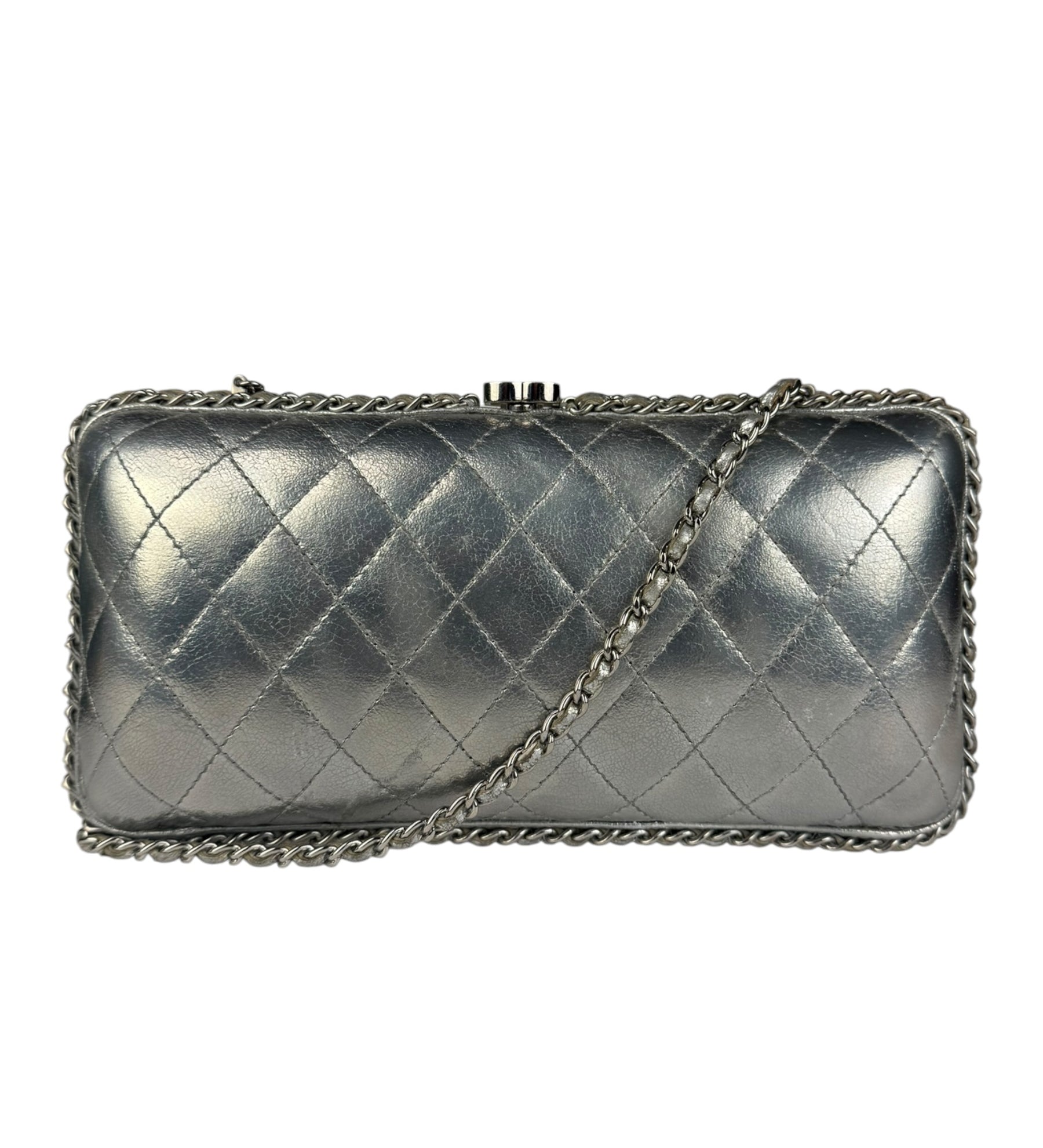 Chanel Metallic Silver Quilted Chain Around Clutch Shoulder Bag 2011