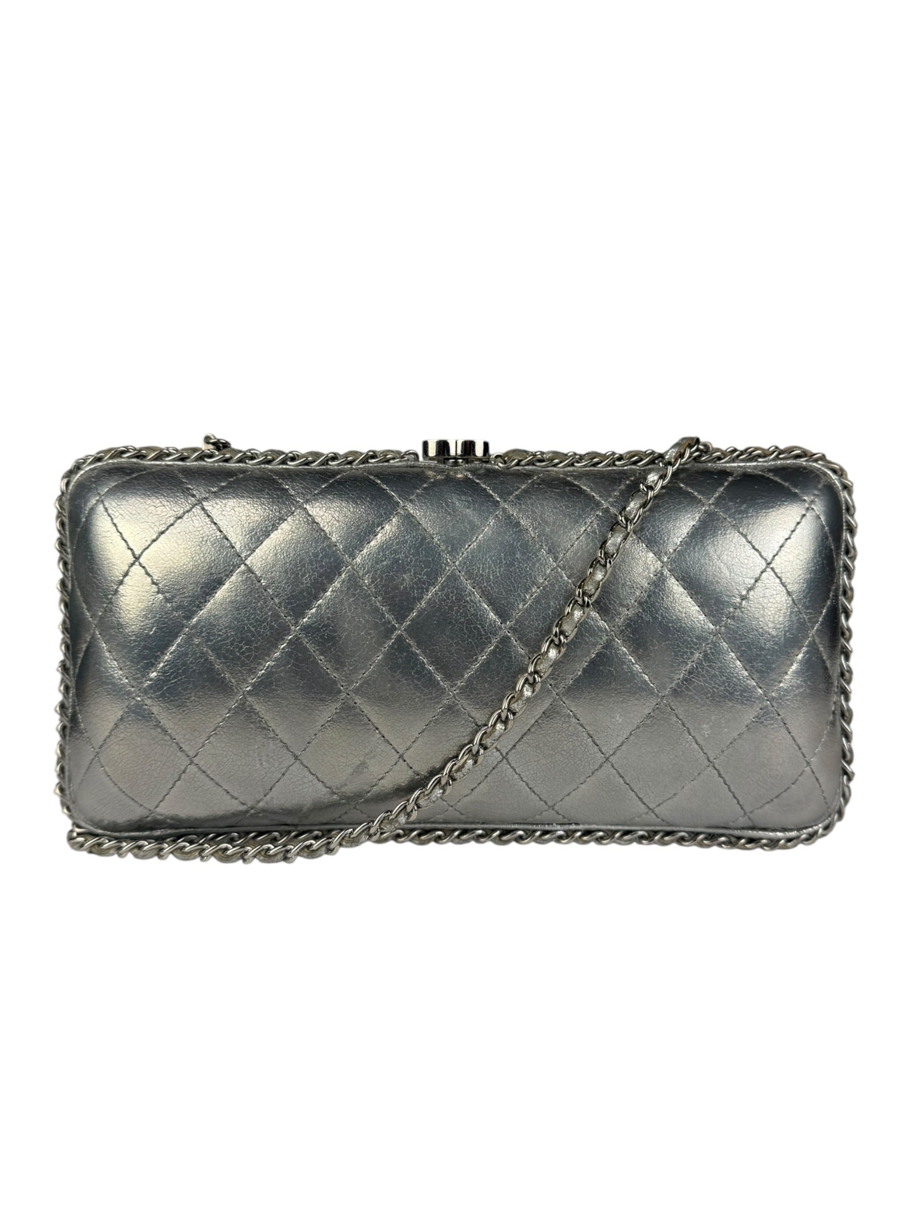Chanel Metallic Silver Quilted Chain Around Clutch Shoulder Bag 2011