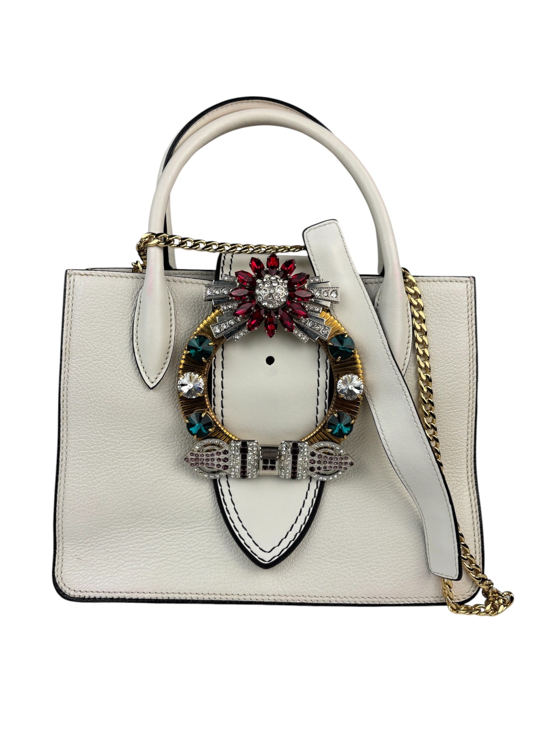 Miu Miu White Madras Ornate Crystal Jeweled Buckle Two-Way Bag