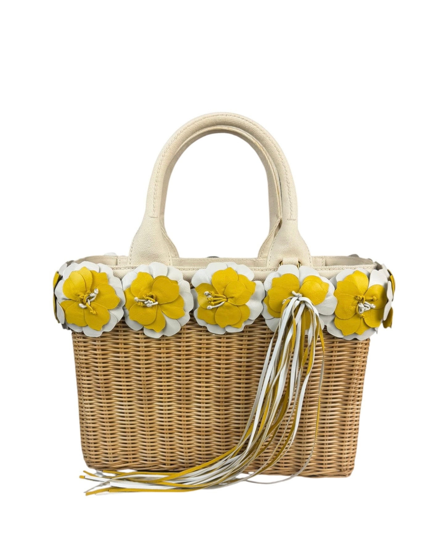 Prada Midollino Leather Trim Wicker Canvas Flower Basket