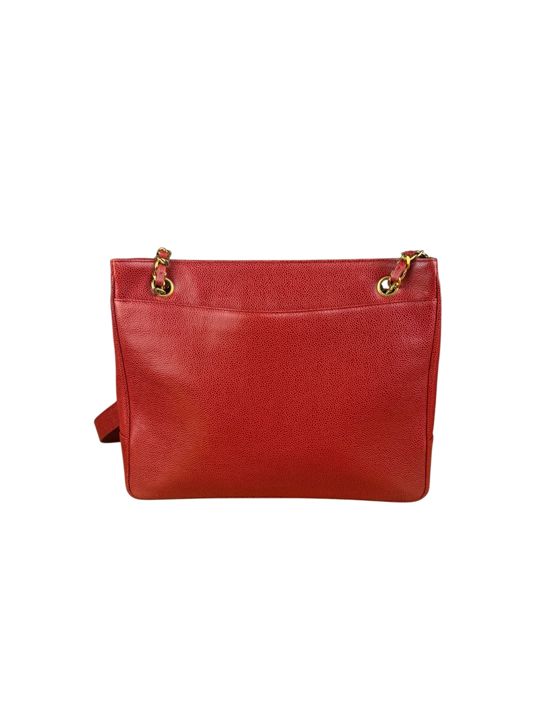 Chanel Red Caviar Leather CC Logo Tote Bag