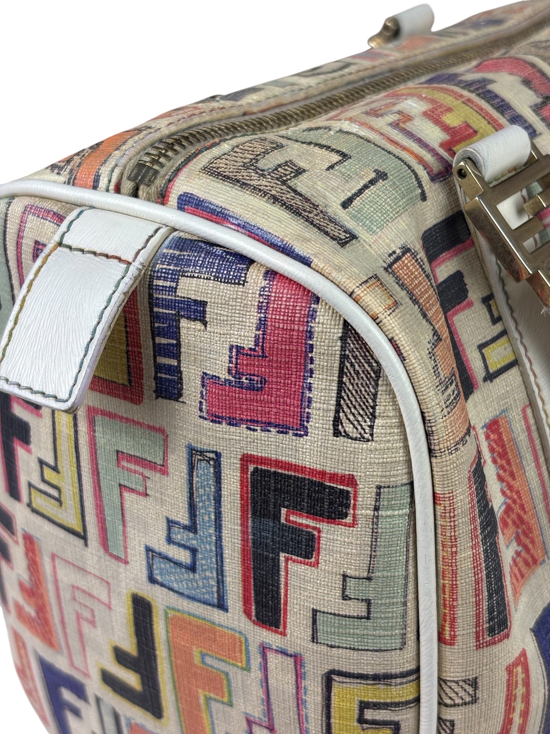 Fendi Beige Leather Multicolor Zucca Forever Boston Bag