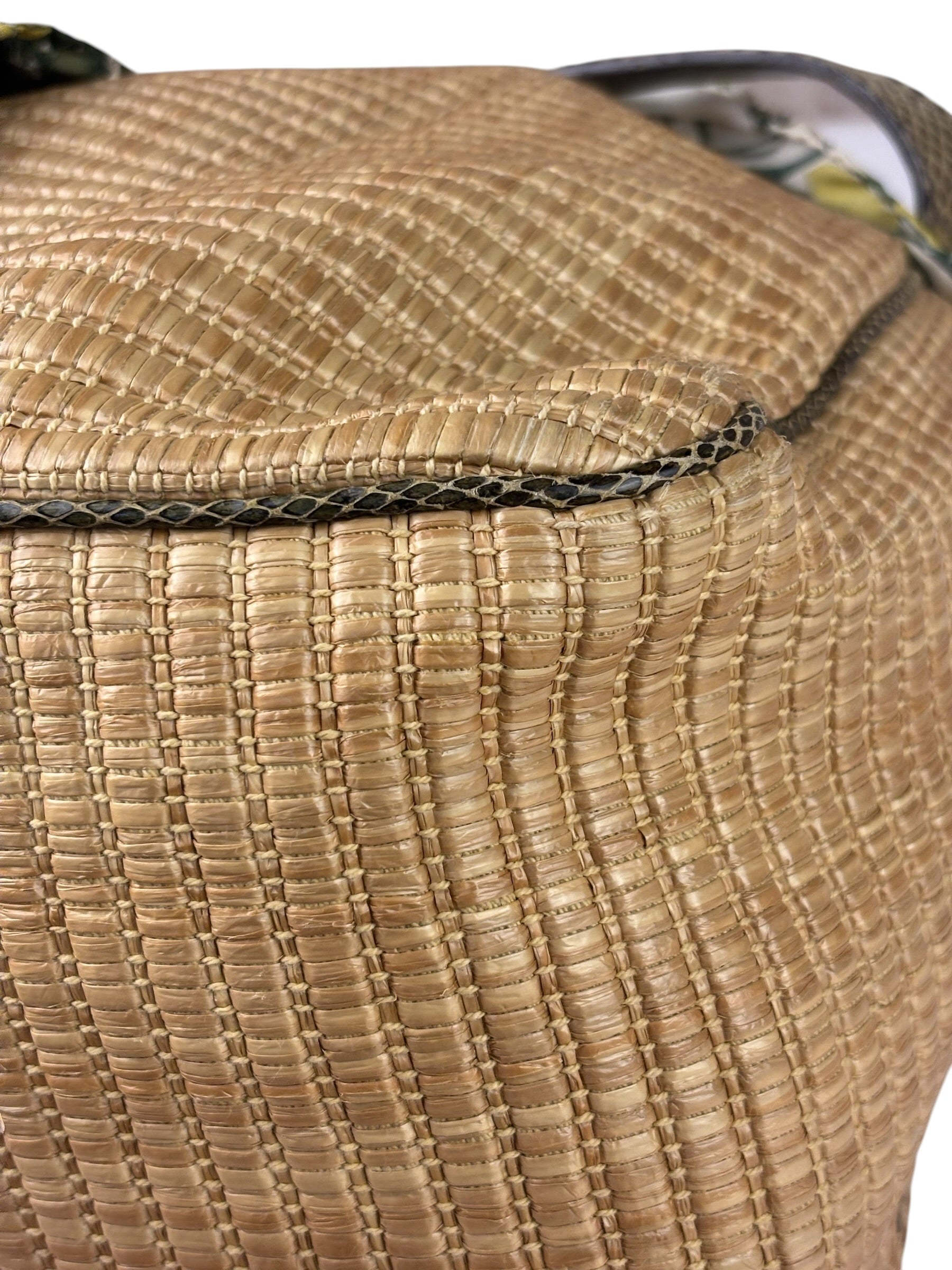 Gucci Brown Snakeskin Trim Large Raffia Positano Tote