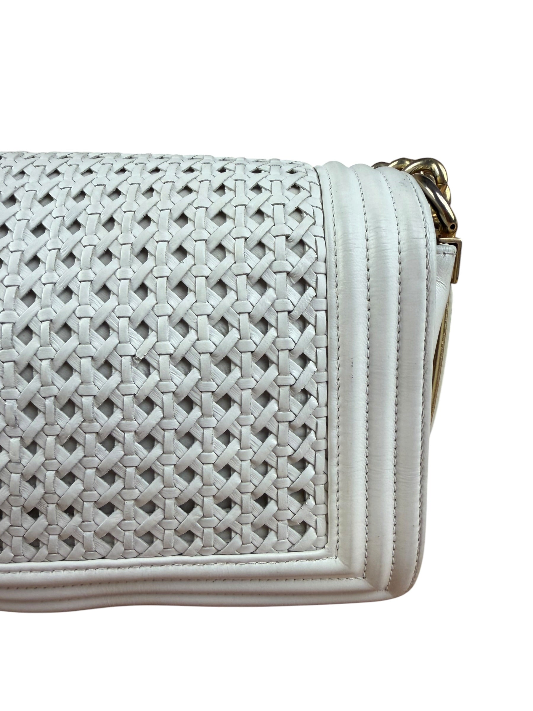 Chanel Vintage White Leather Braided Boy Shoulder Bag 1989