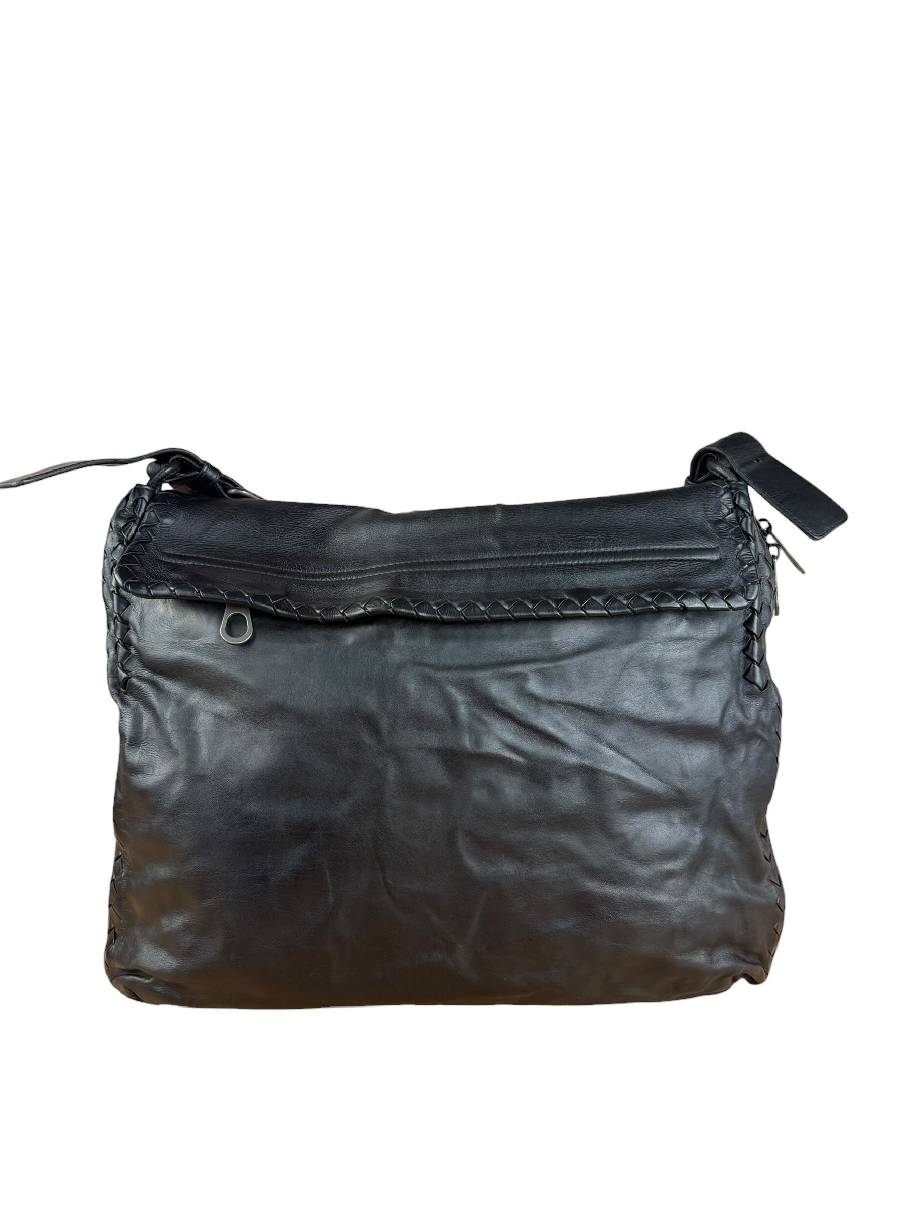 Bottega Veneta Black Intrecciato Leather Flap Messenger Bag
