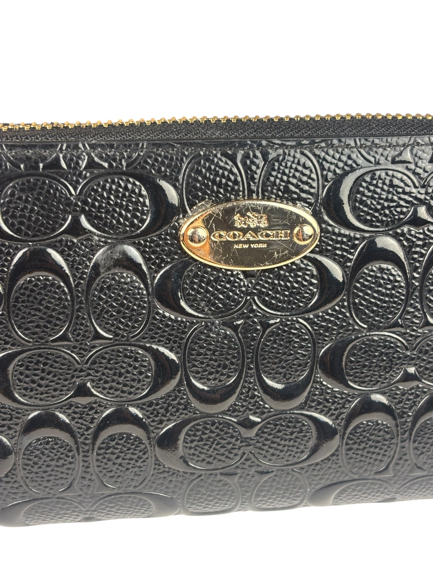 Coach Black Patent Leather Canvas Signature Zip-Around Long Wallet